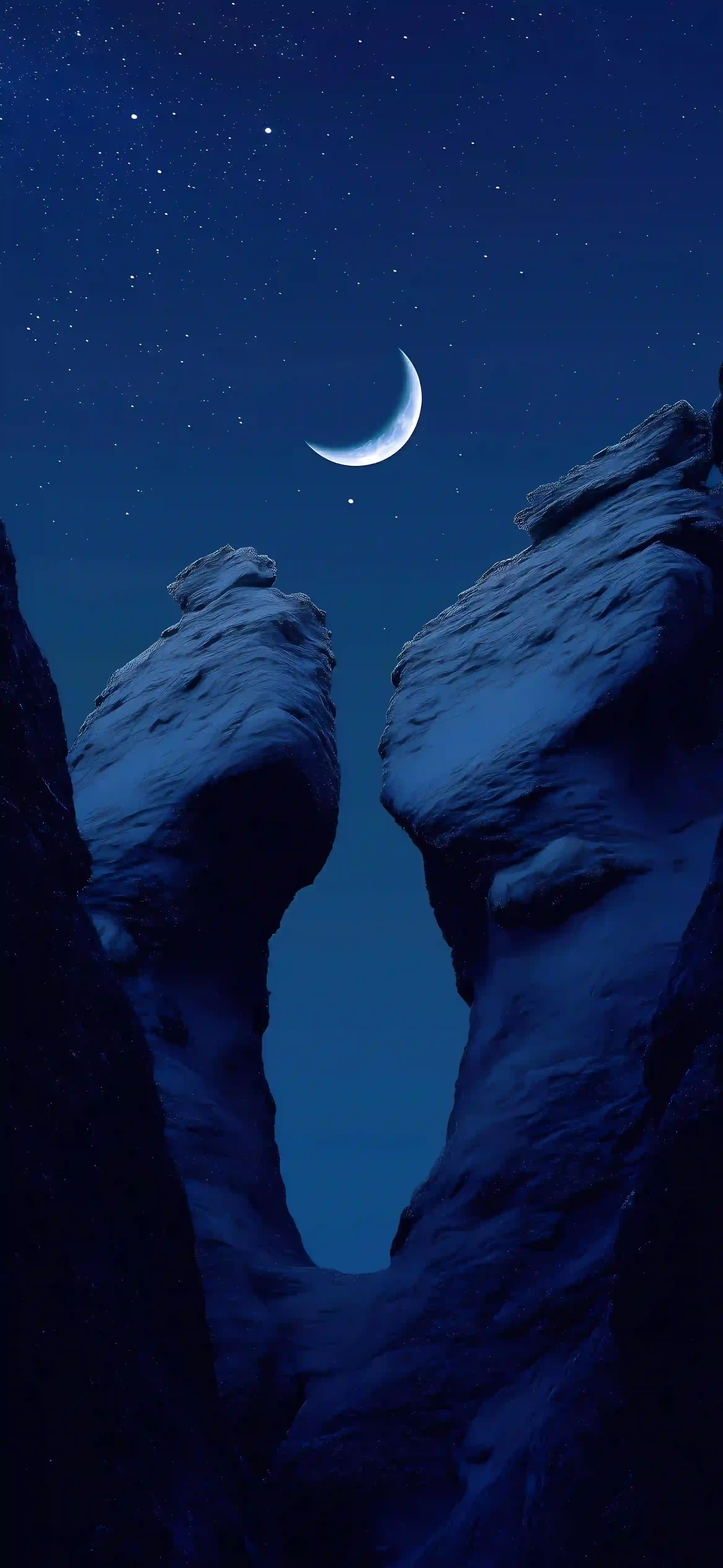 夜空 新月 山峰 蓝色 插画 梦幻
