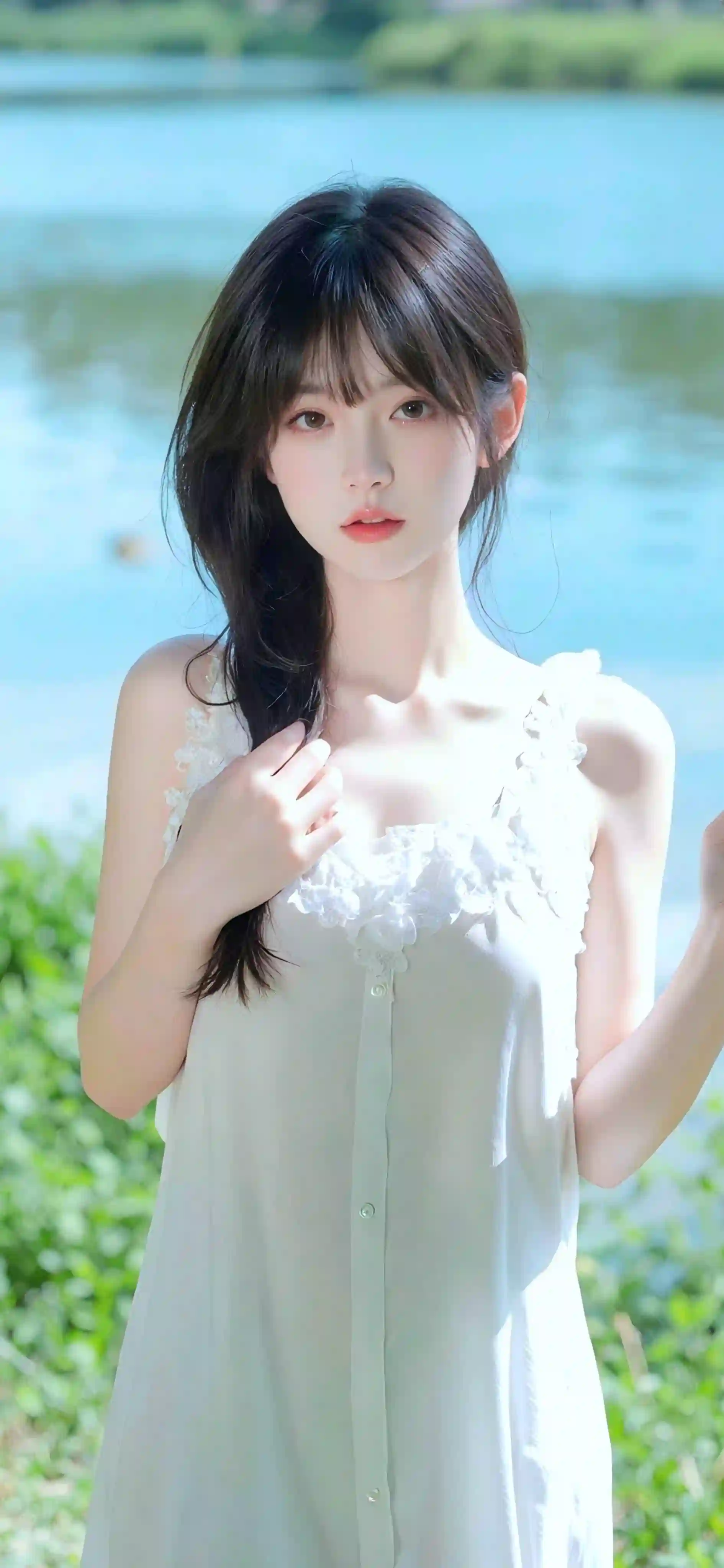 长发美女 可爱女孩 性感美女 纯欲 吊带美女  长发白裙美女 户外 清纯美女吊带 
