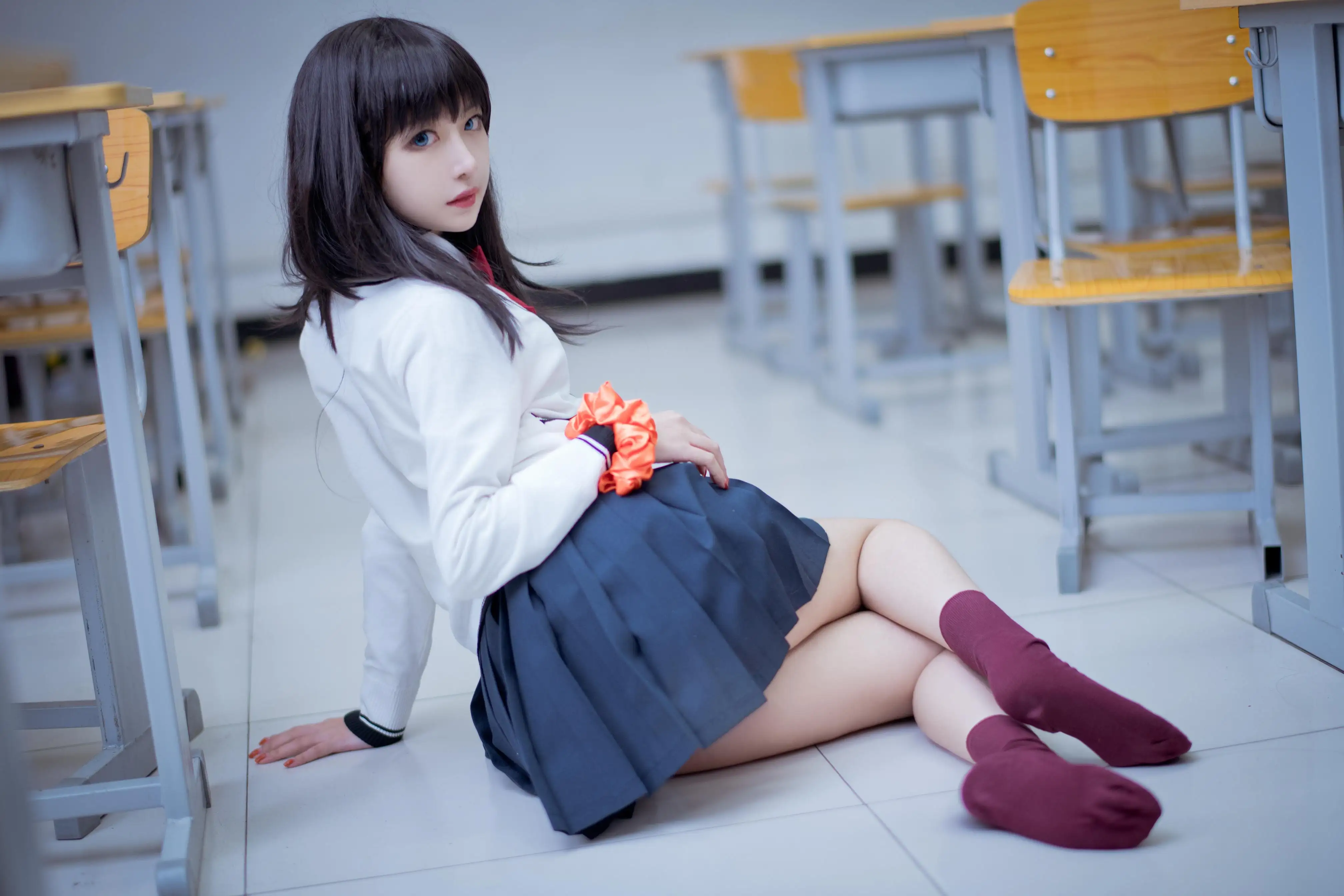 长发白衣jk美女 教室 性感