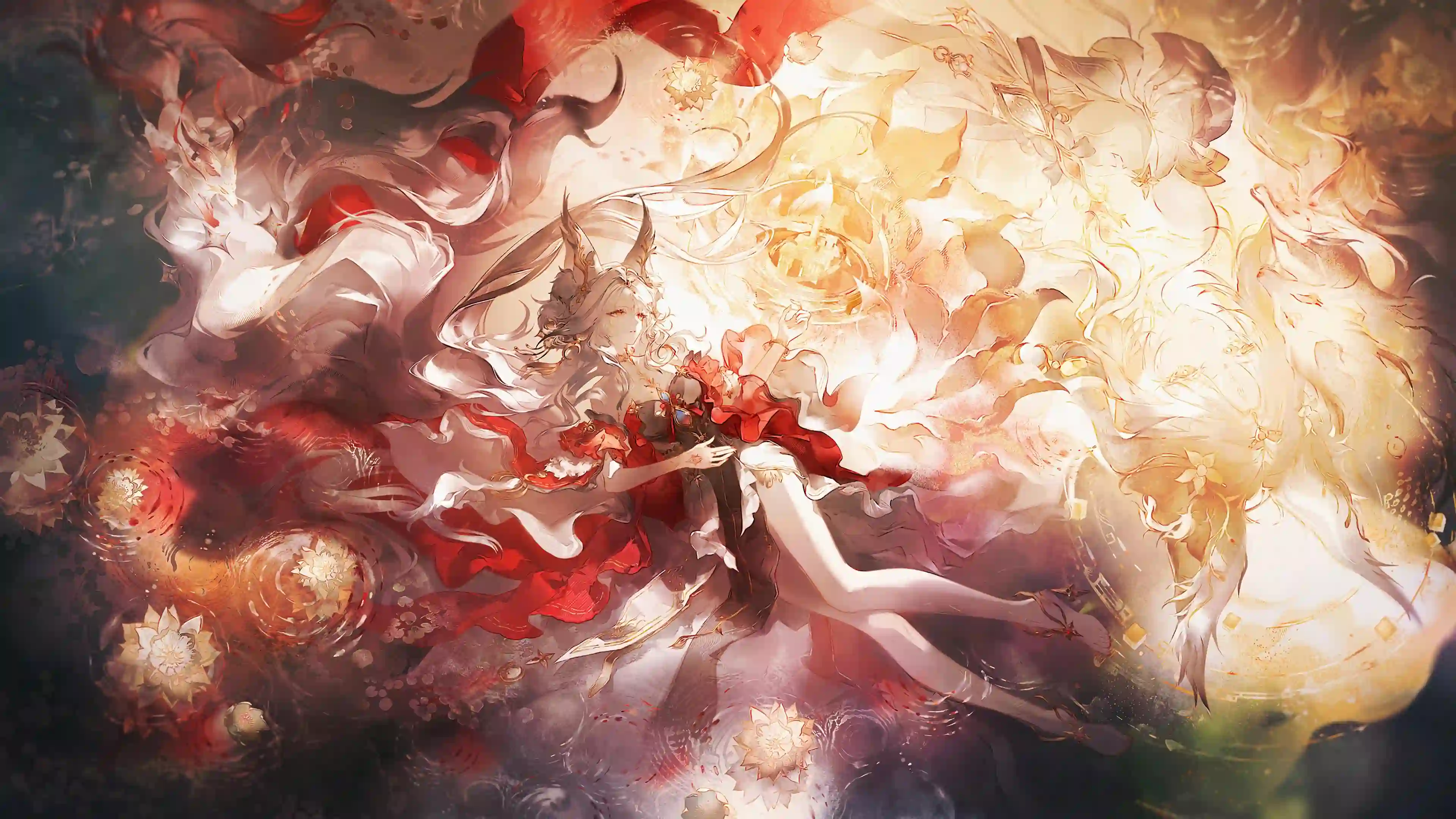 龙角少女 红白华服 梦幻插画 金光莲花 神秘幻想