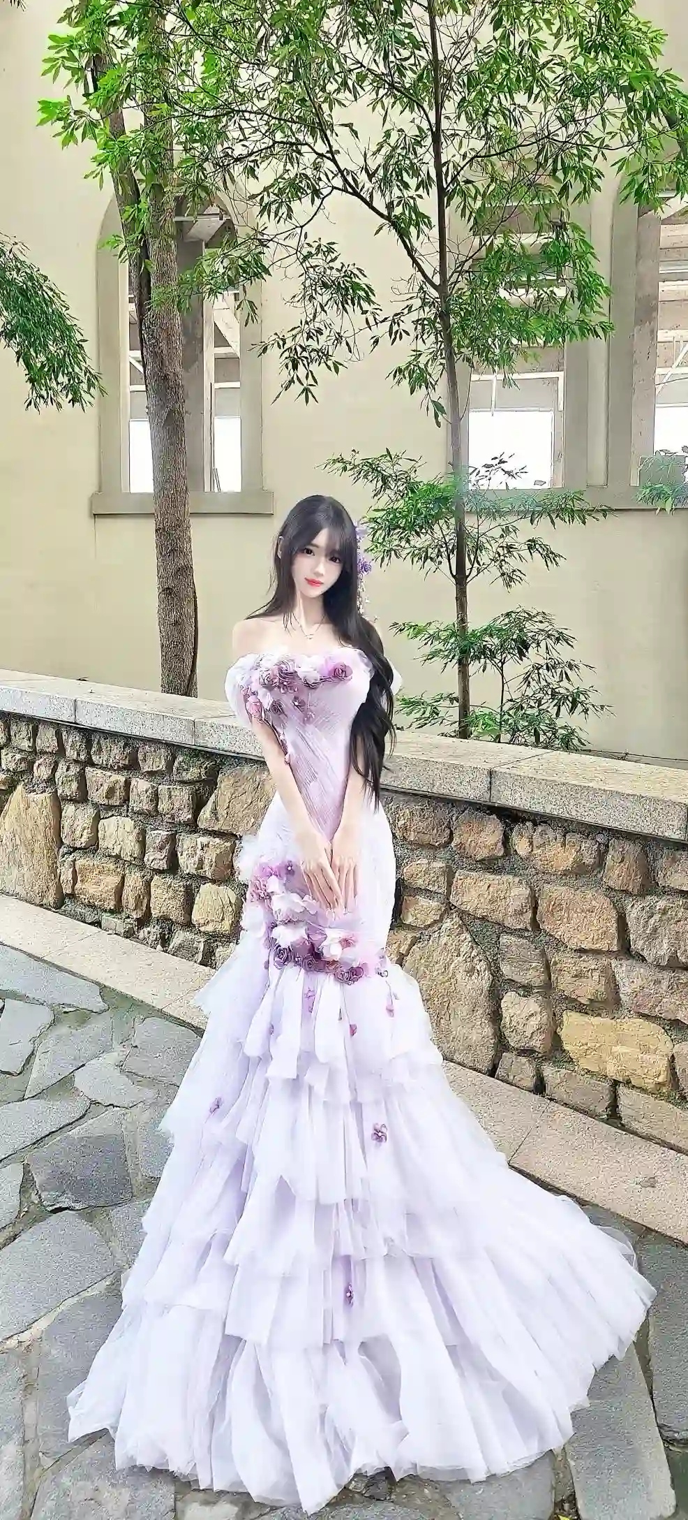 紫色长裙 美女 花卉礼服 露肩装 户外写真 优雅 气质