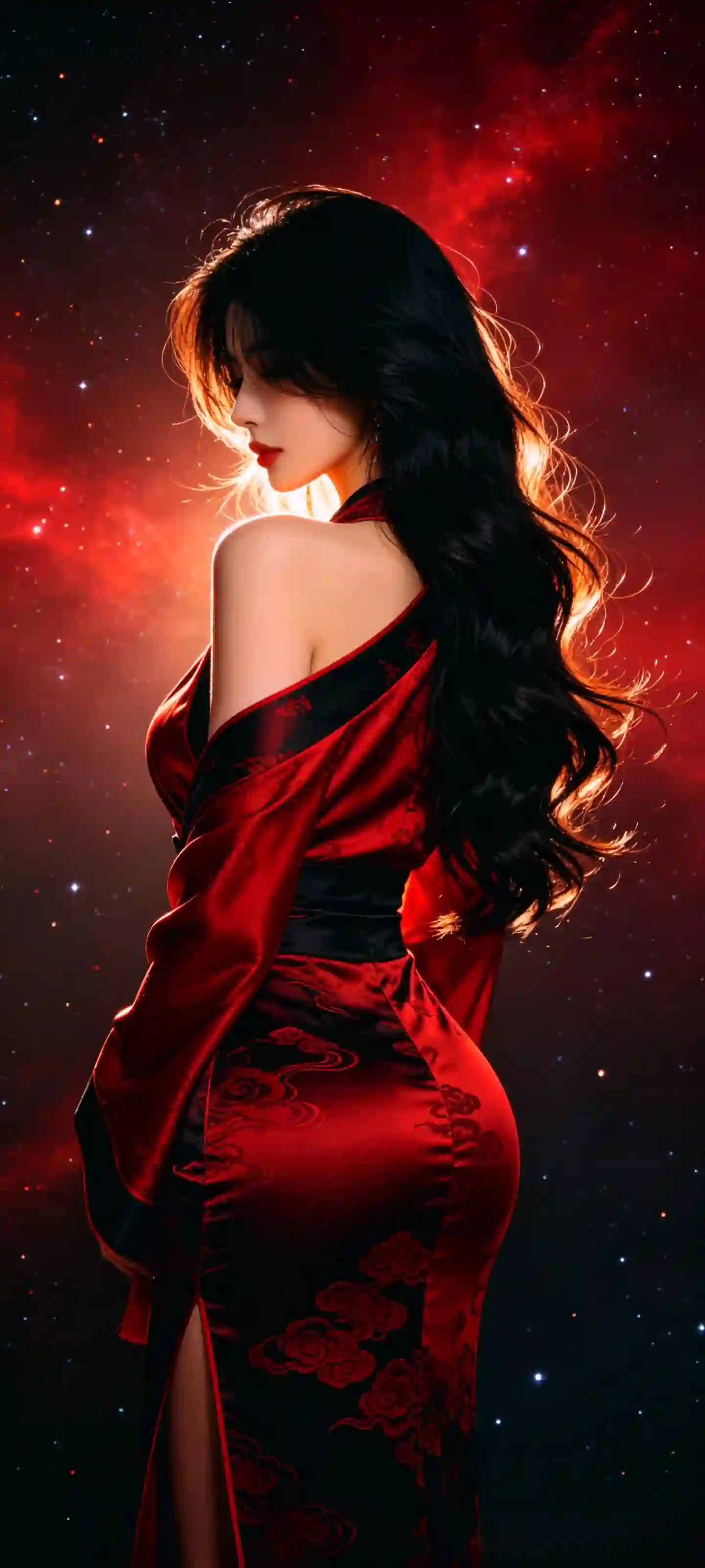 红色旗袍 星云星空 美人回眸 古风 华丽 人像壁纸