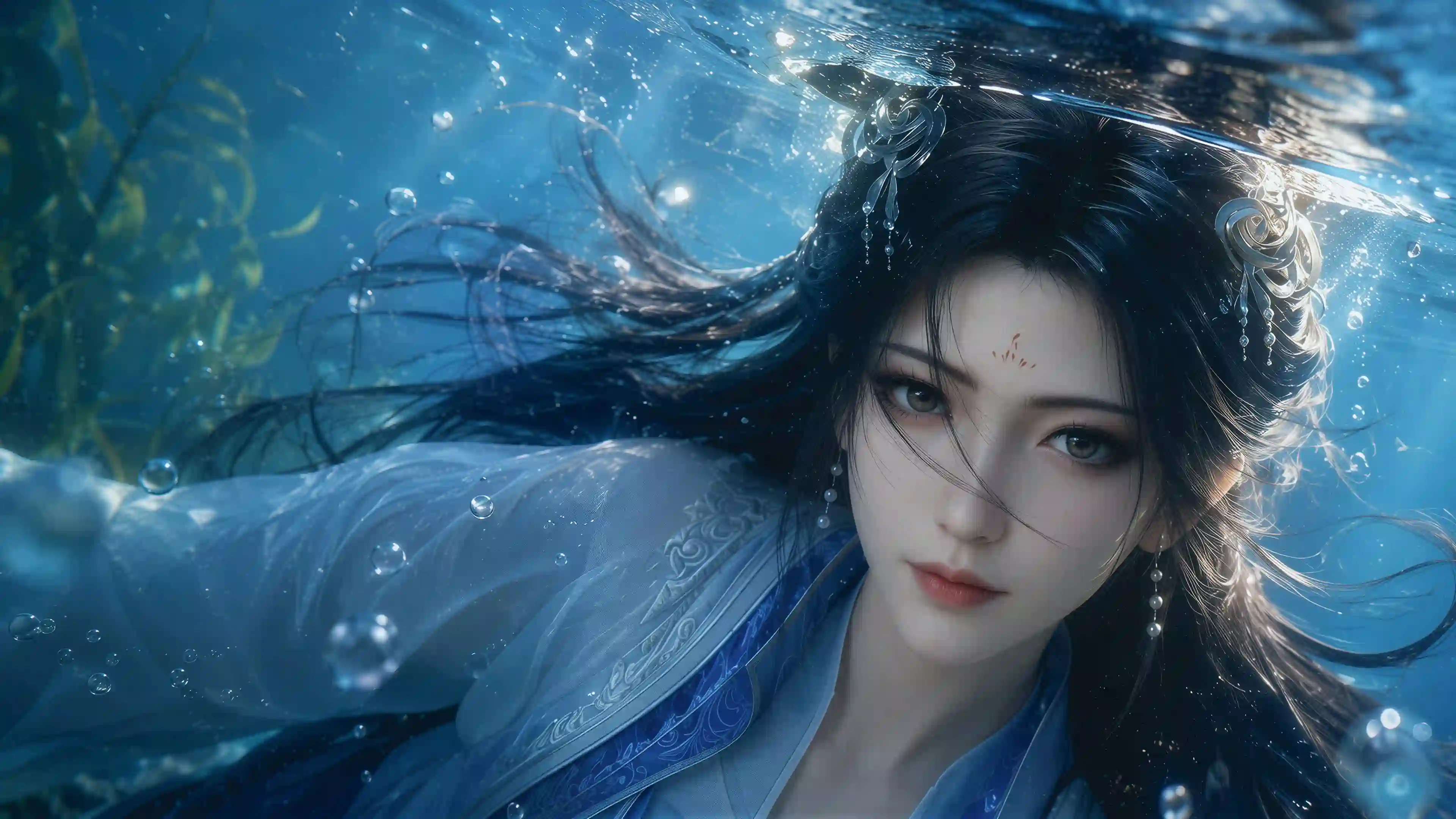 水中 古风 汉服 美女 梦幻 气泡 光效 静谧