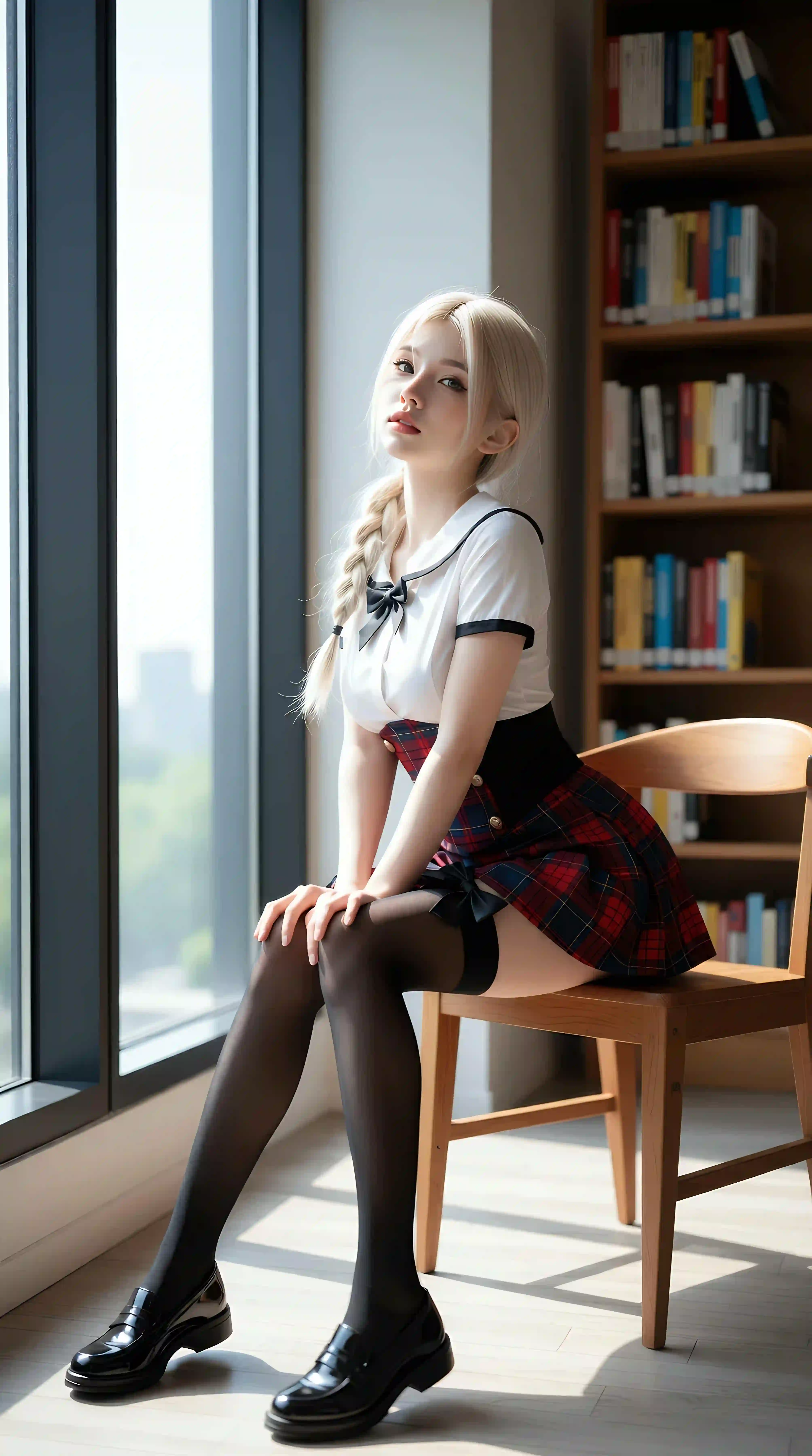 白色长发 白色衣服 图书馆 ai美女 黑丝美腿