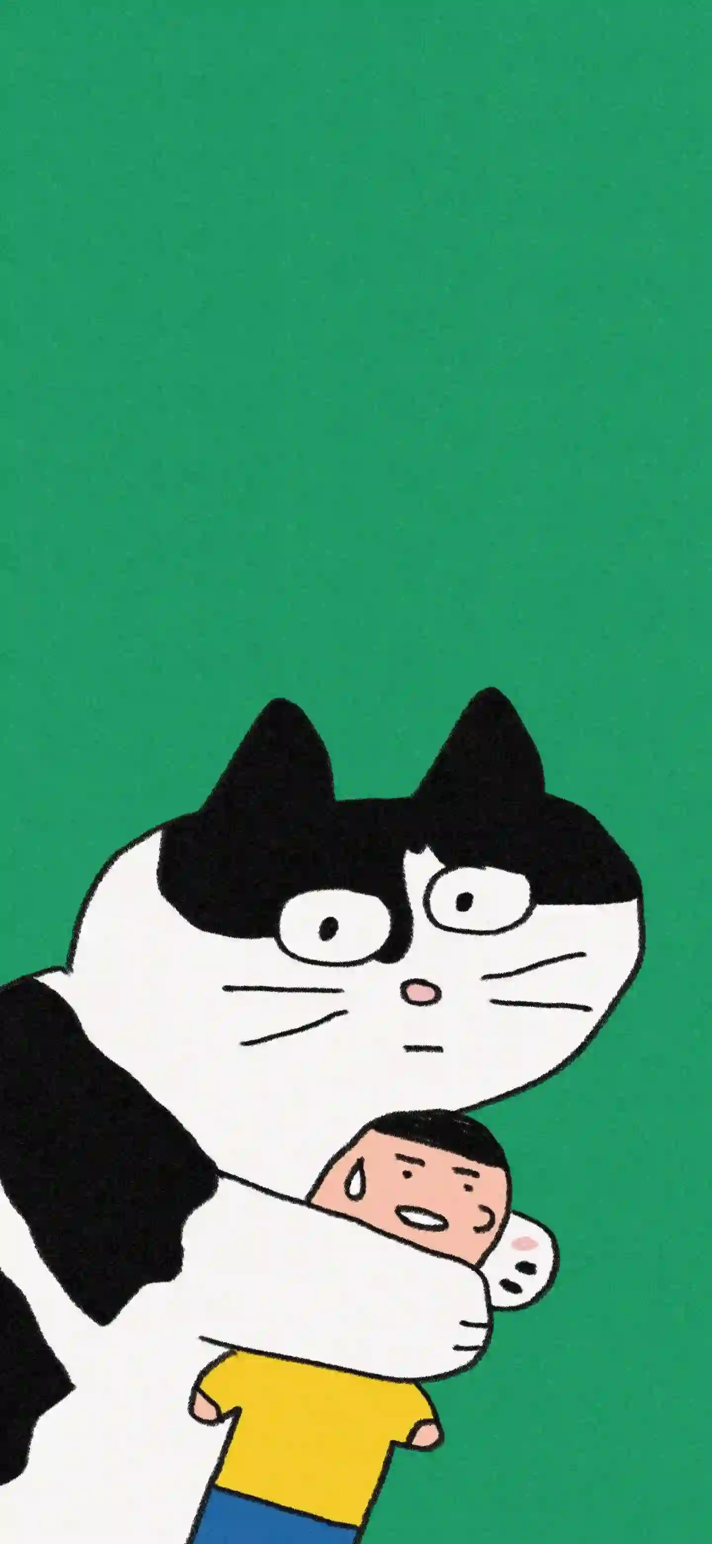 绿色背景 卡通猫 拥抱男孩 搞笑插画 简约壁纸