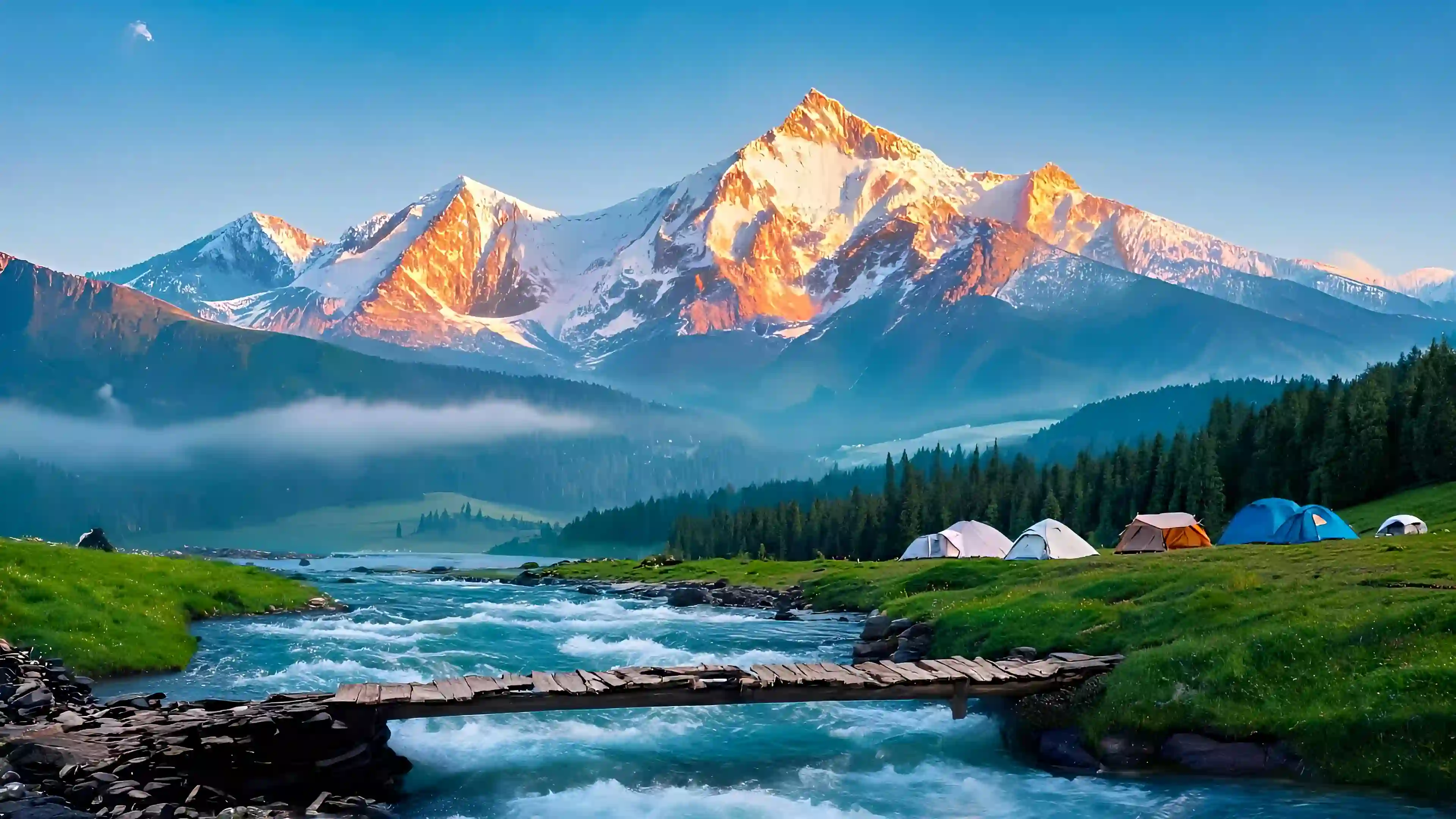 日照金山 雪山露营 河流木桥 草地风景 自然风光