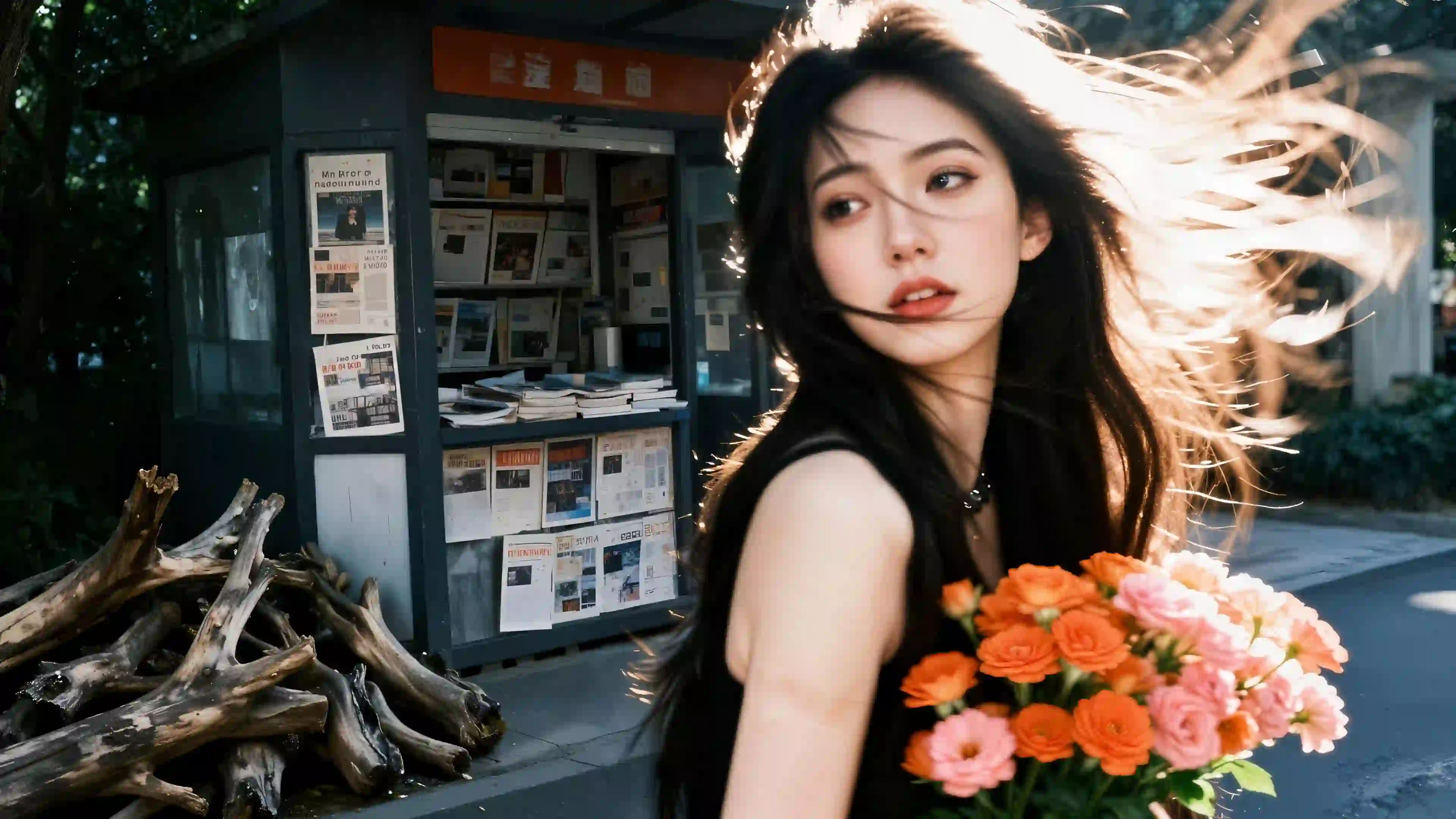 长发美女 手捧花 报刊亭 街头 鲜花 户外写真 ai