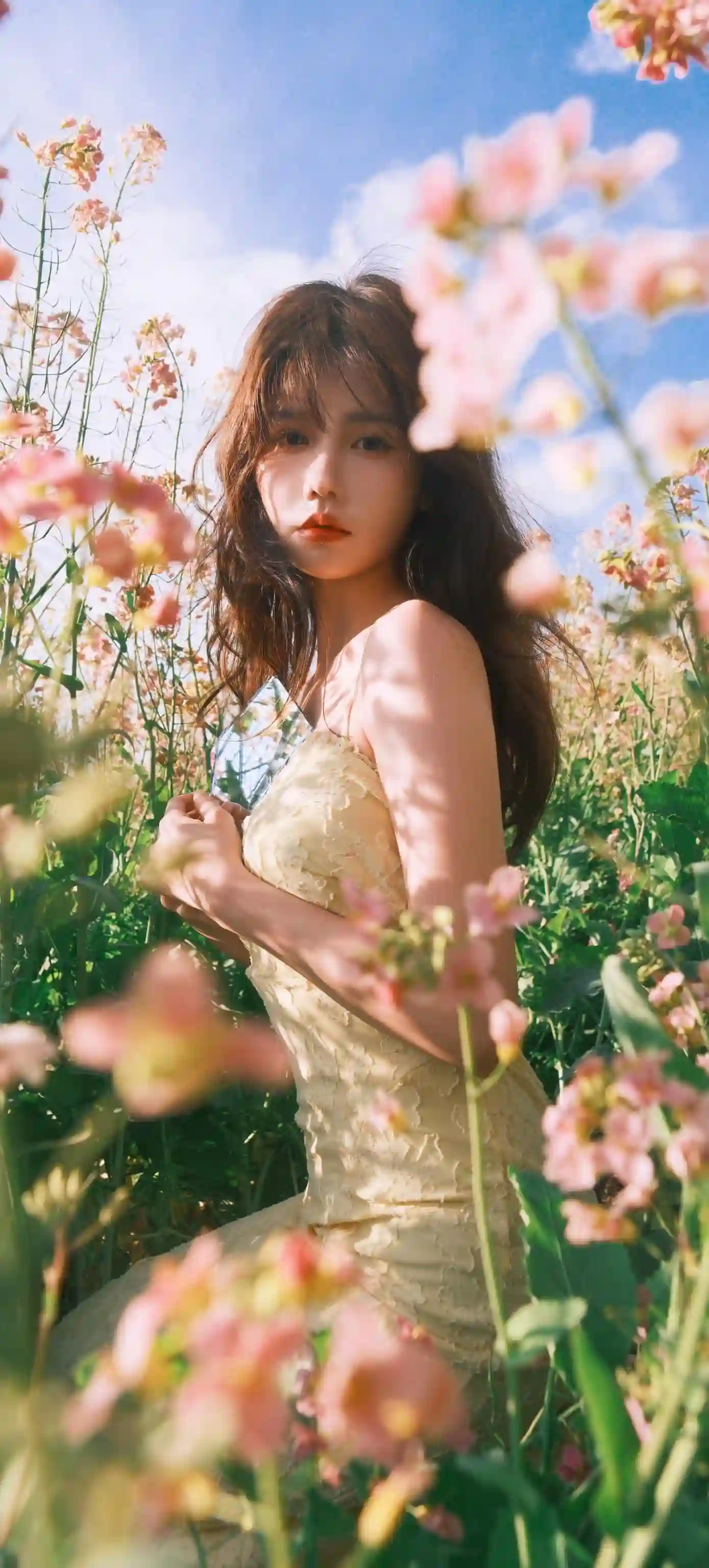长发美女 吊带裙 花丛中的长发吊带美女 花