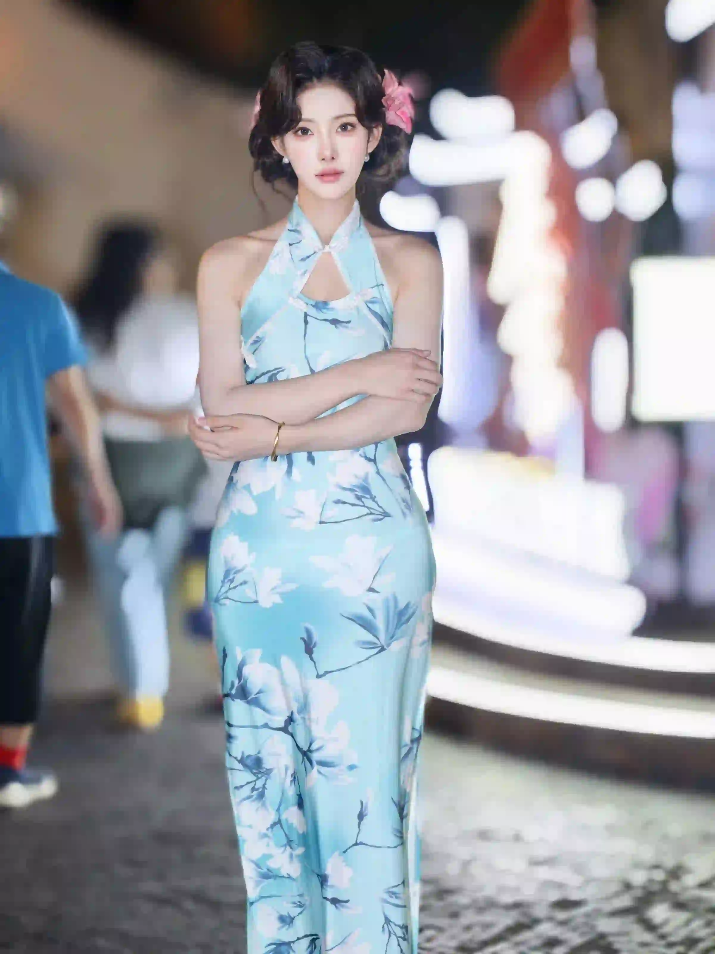 长发古风美女 古风 旗袍 蓝色旗袍 优雅知性