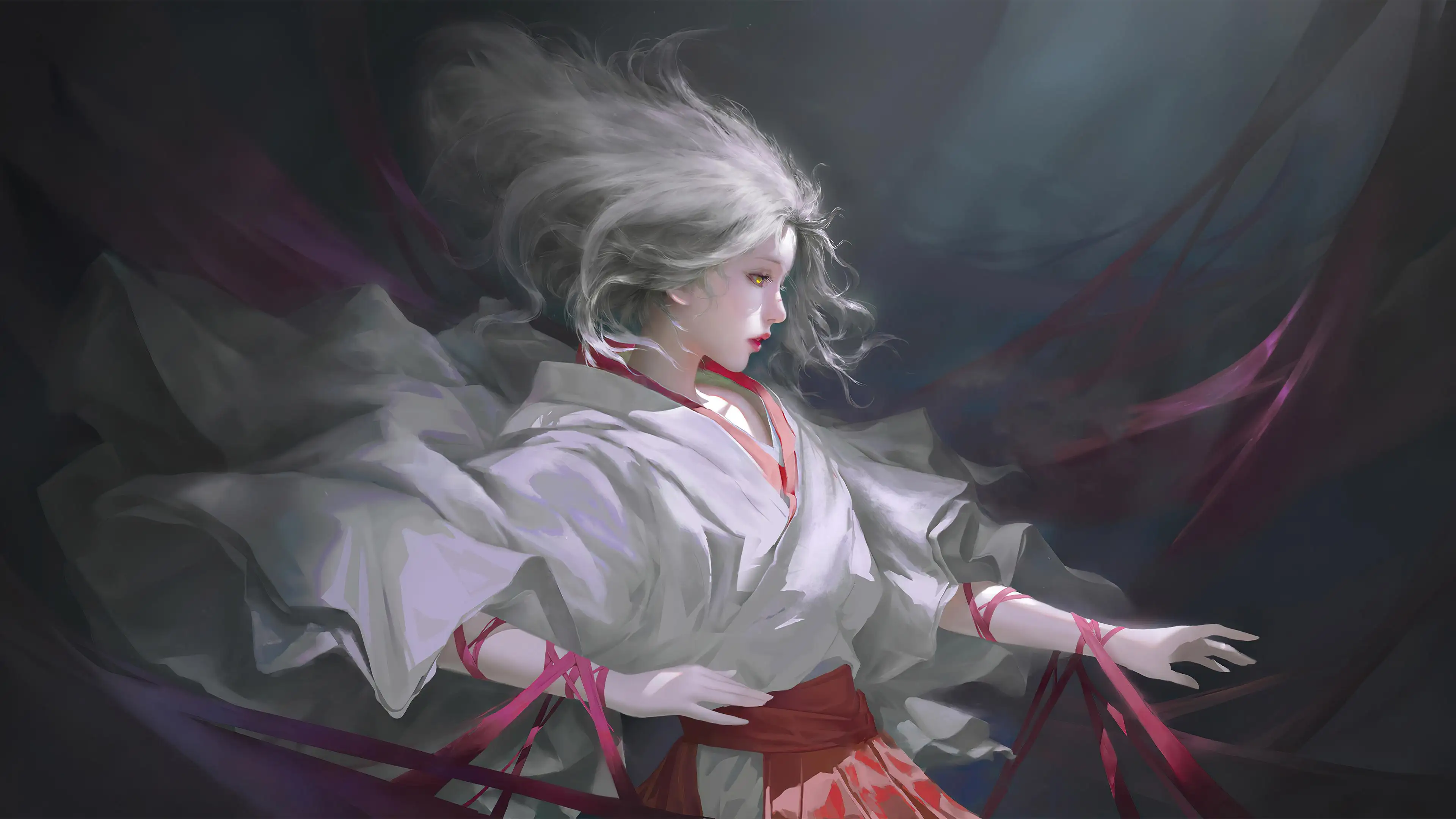 古风少女 白发 白色衣服 唯美 4K壁纸