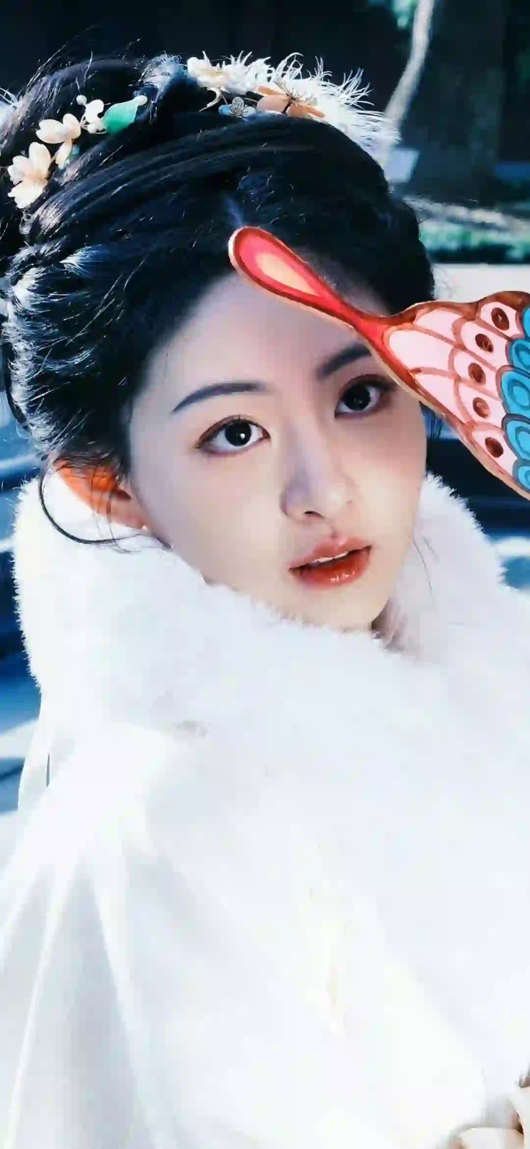 明星 赵晴 长发美女 可爱 白色毛茸茸的衣服