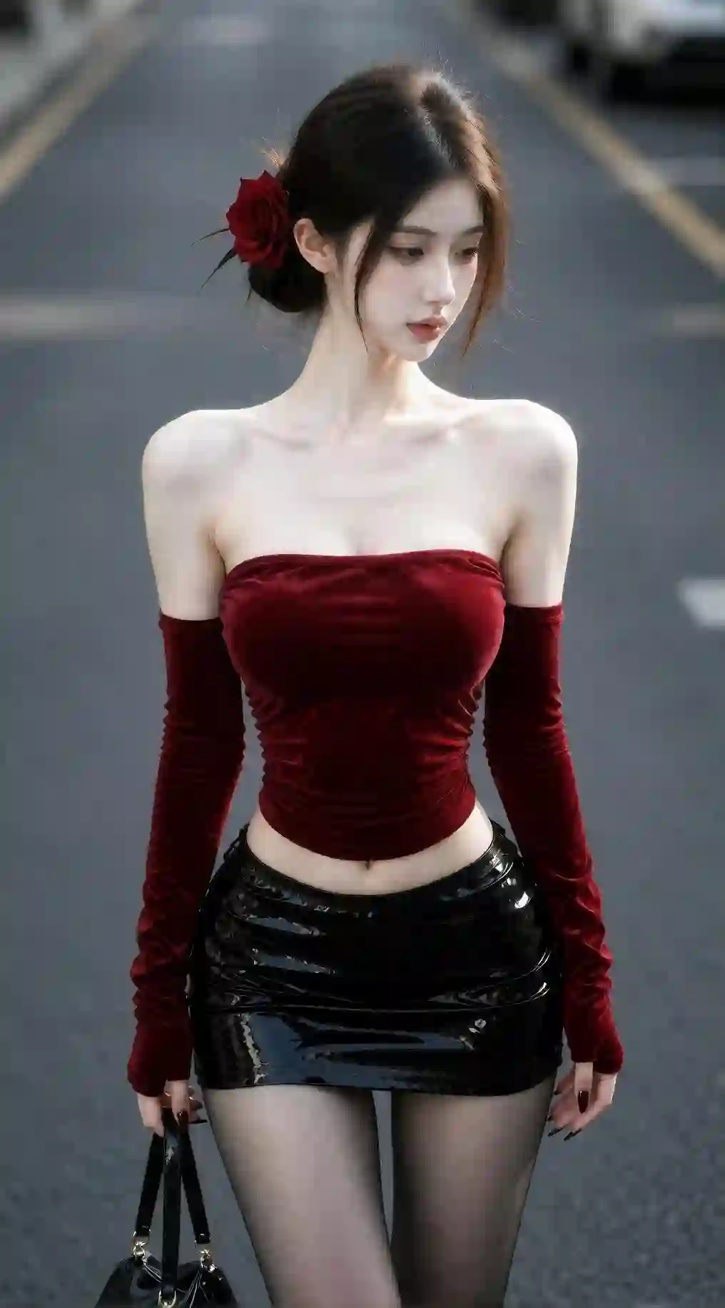 红玫瑰 红色天鹅绒 露肩 黑色漆皮短裙 黑丝 街拍 时尚 女生