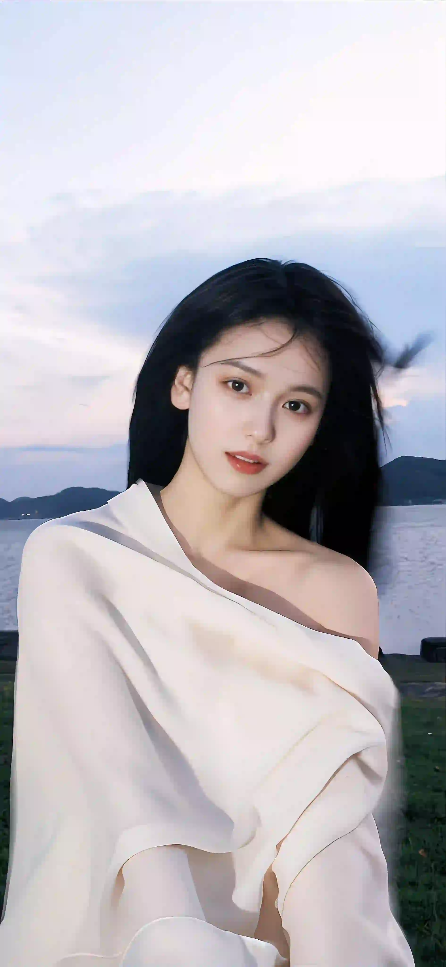 周也 漏肩穿搭 白色衣服 清纯美女 户外写真