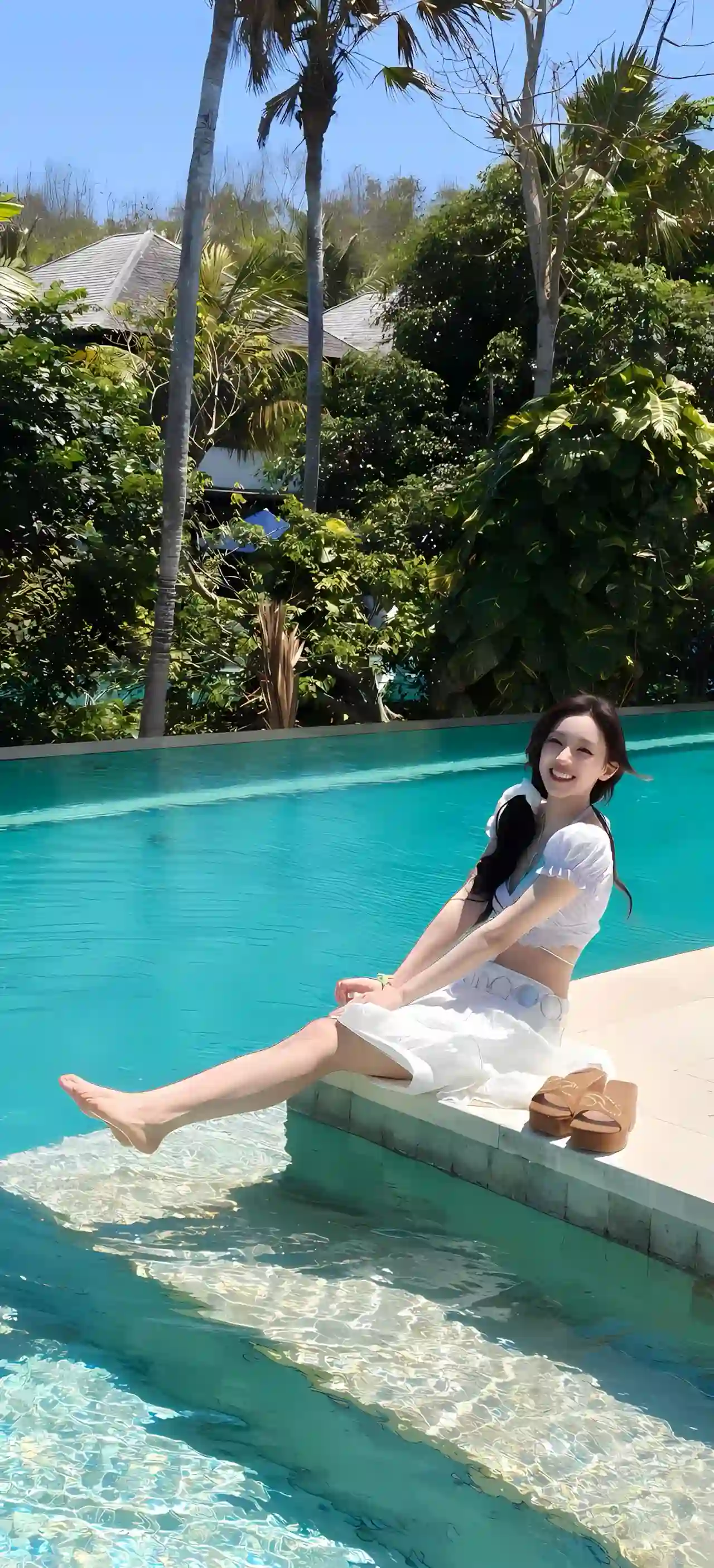 热带 泳池 白裙女孩 夏日阳光 度假 壁纸