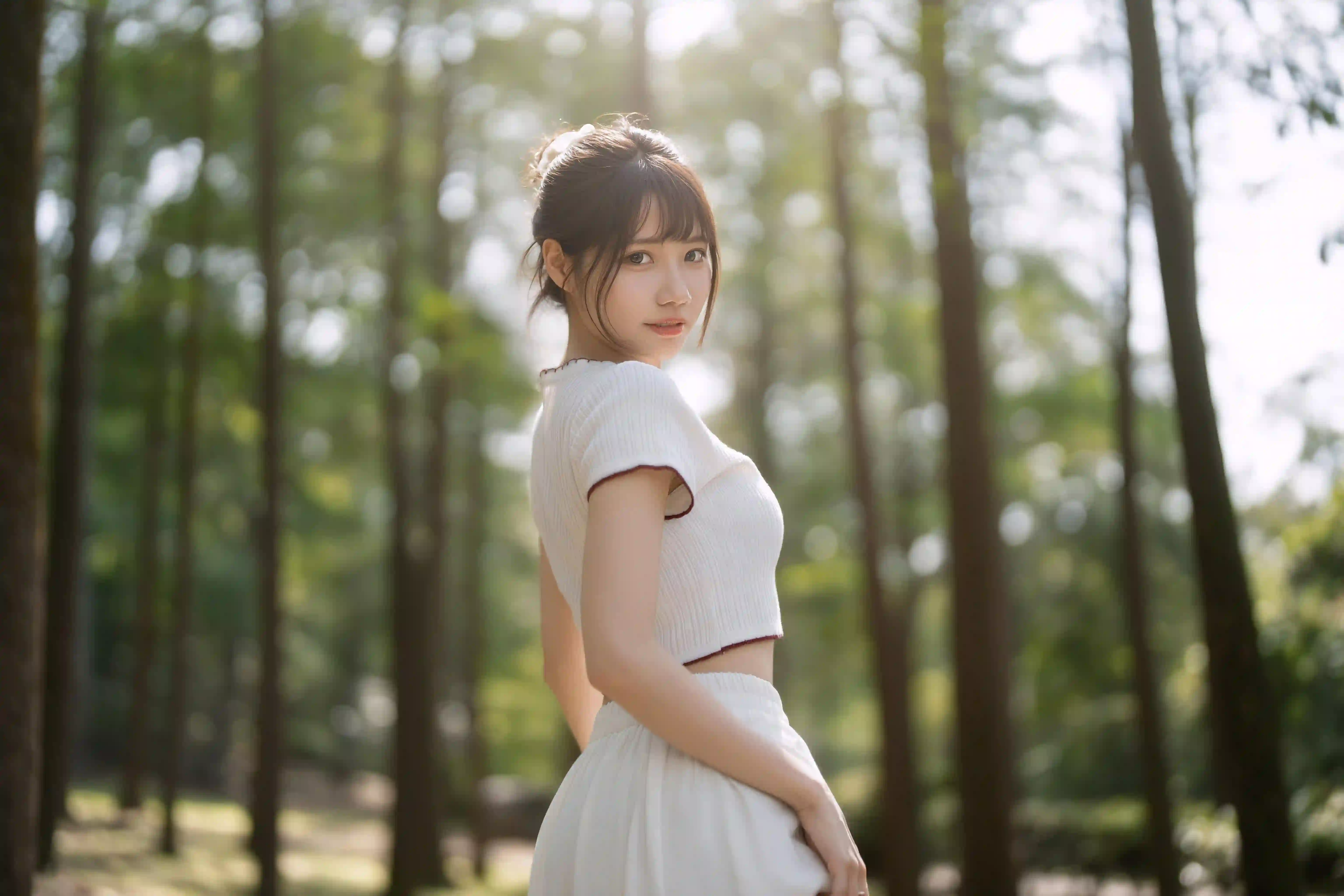 长发美女 户外 侧身 森林