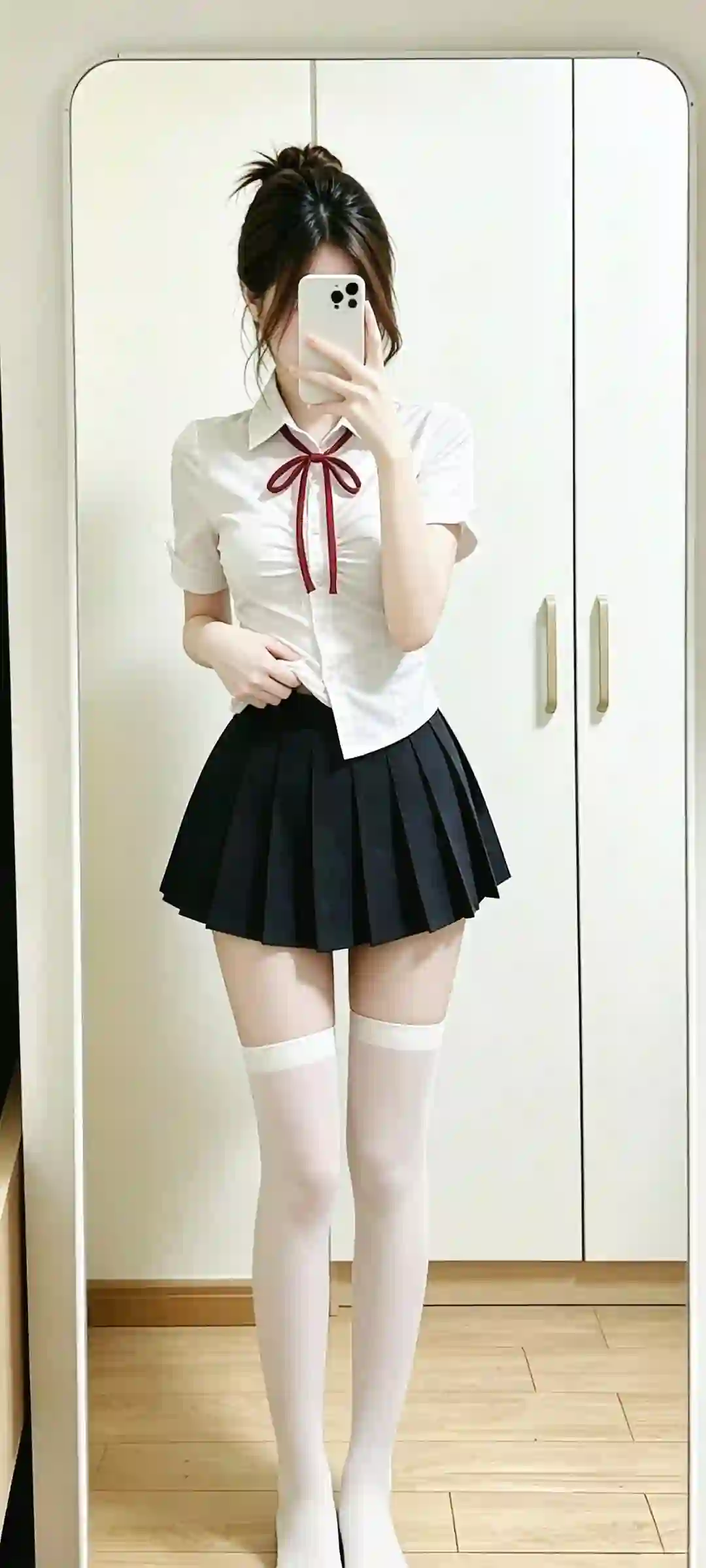 JK制服 白衬衫 黑色百褶裙 白色过膝袜 镜面自拍 清纯穿搭
