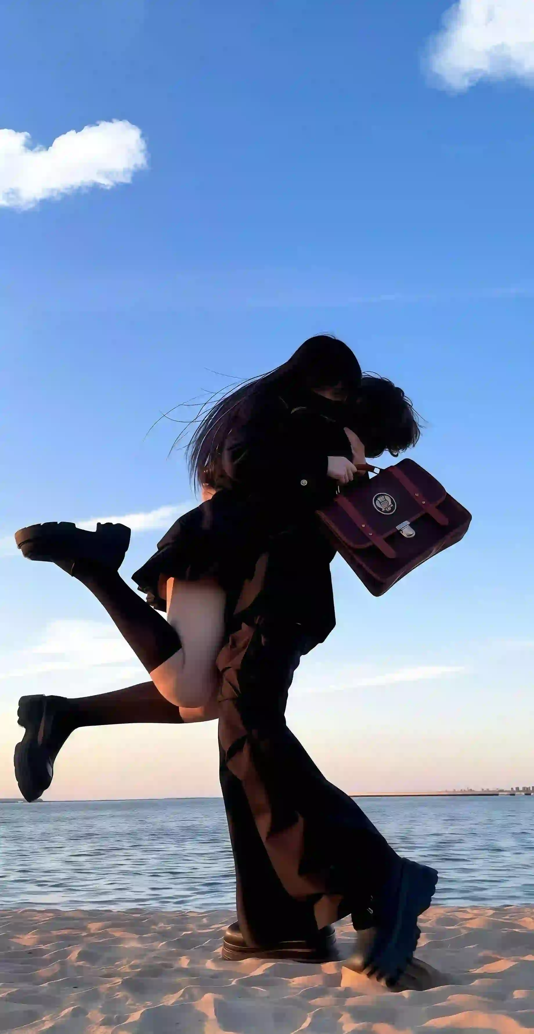 海边拥抱 长发美女 jk 长腿美女