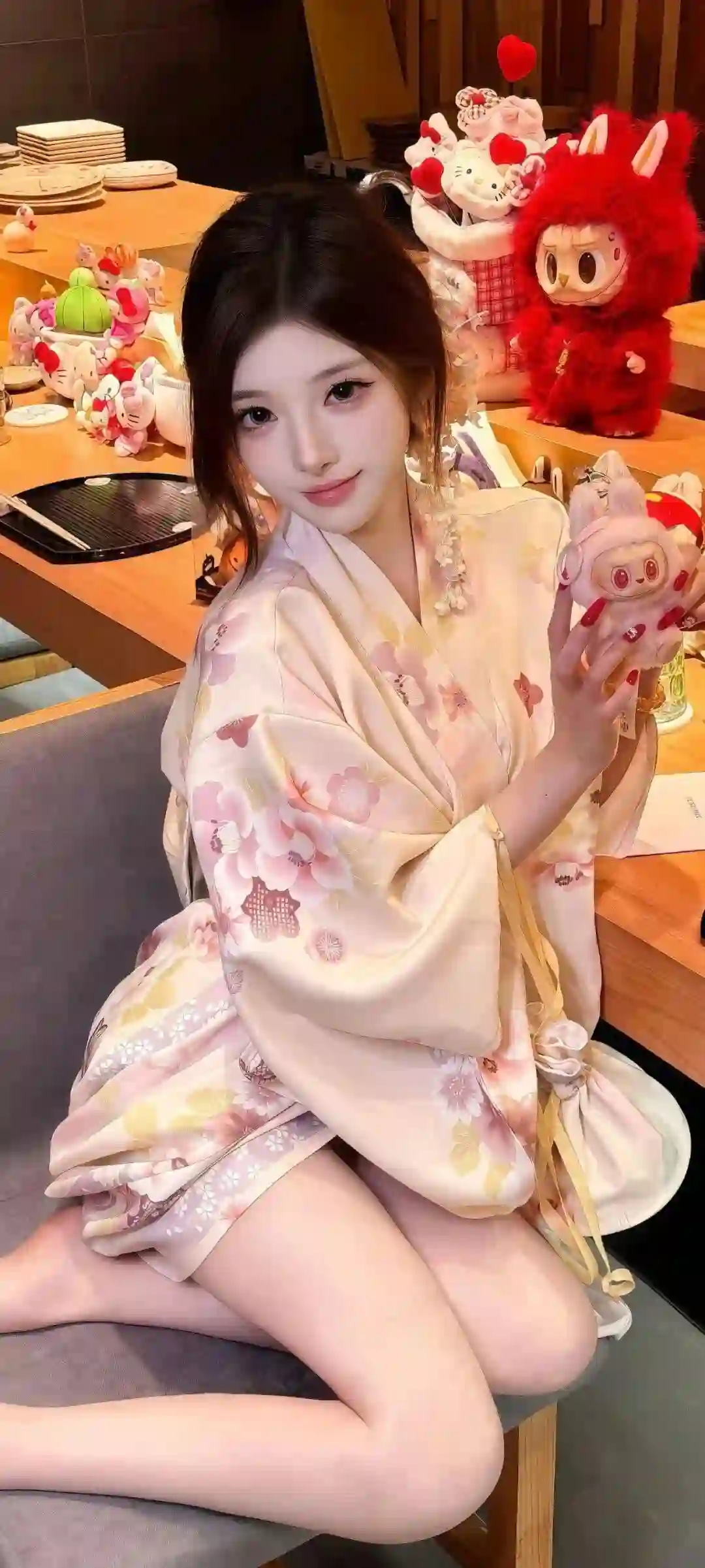 一位年轻女孩穿着粉色花纹和服，跪坐在椅子上，手持粉色兔子玩偶，背景是摆满可爱玩偶的木质架子。