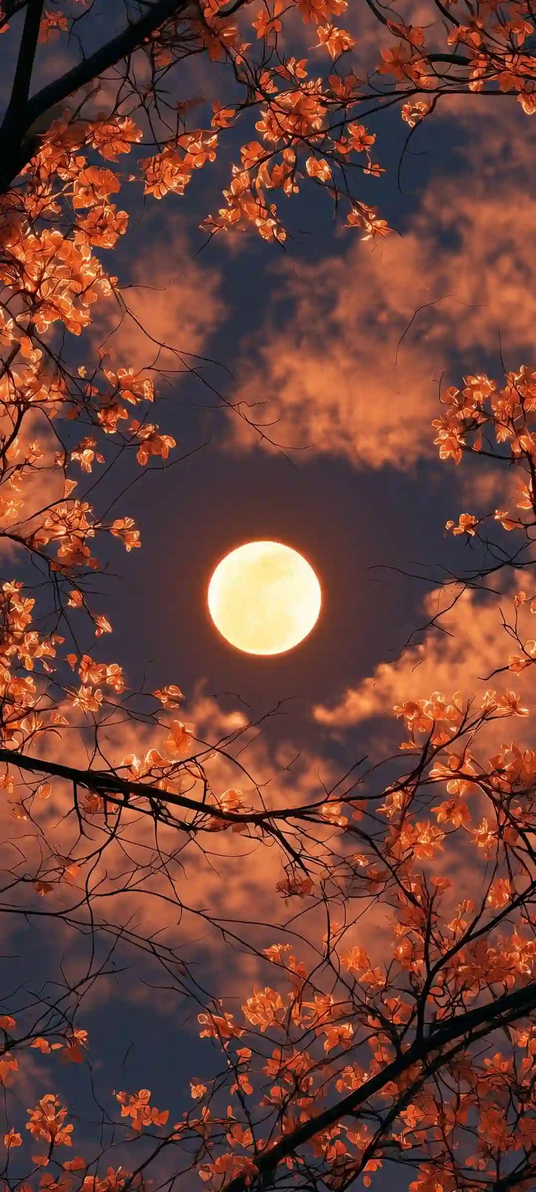 月亮 满月 树枝 云层 橙色 夜空