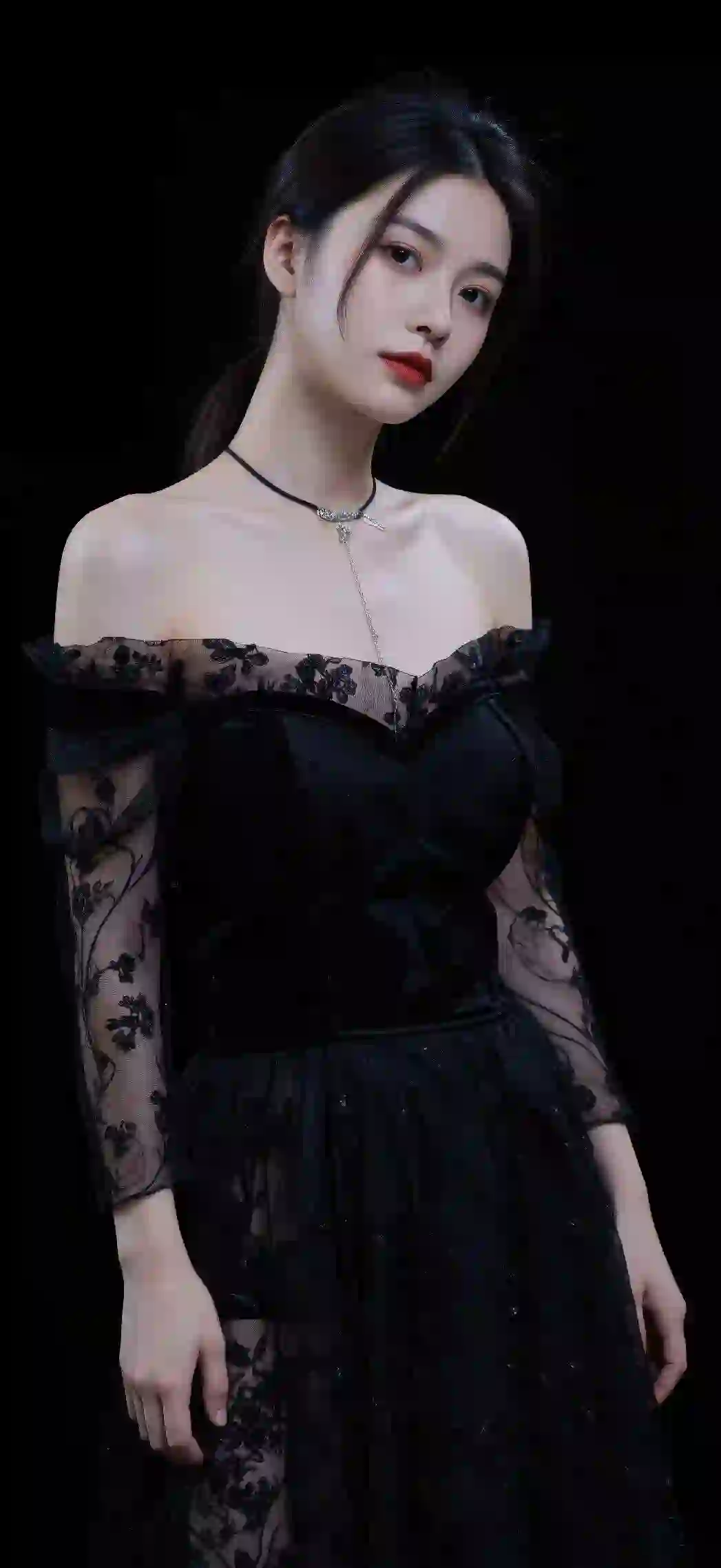 性感美女 黑色长裙 漏肩穿搭 抹胸穿搭