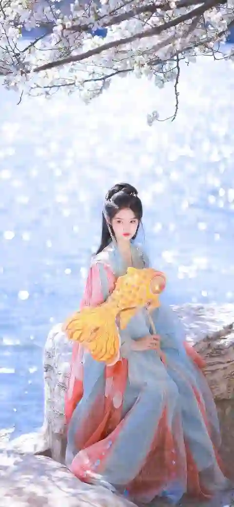 长发美女 清纯 甜美 可爱 艾米 古风汉服美女 黄色鲤鱼灯笼
