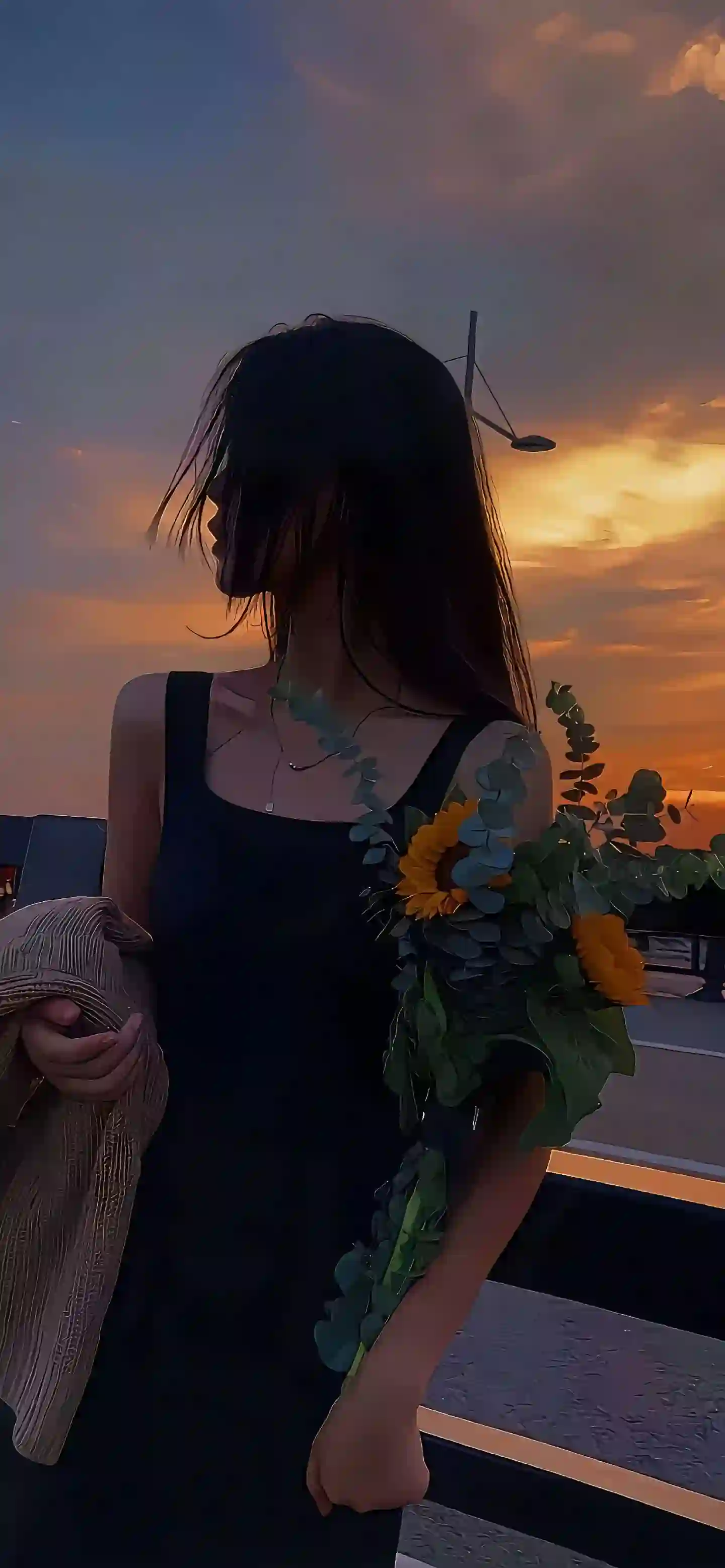 夕阳 🌇 长发黑裙美女 手拿向日葵的长发美女
