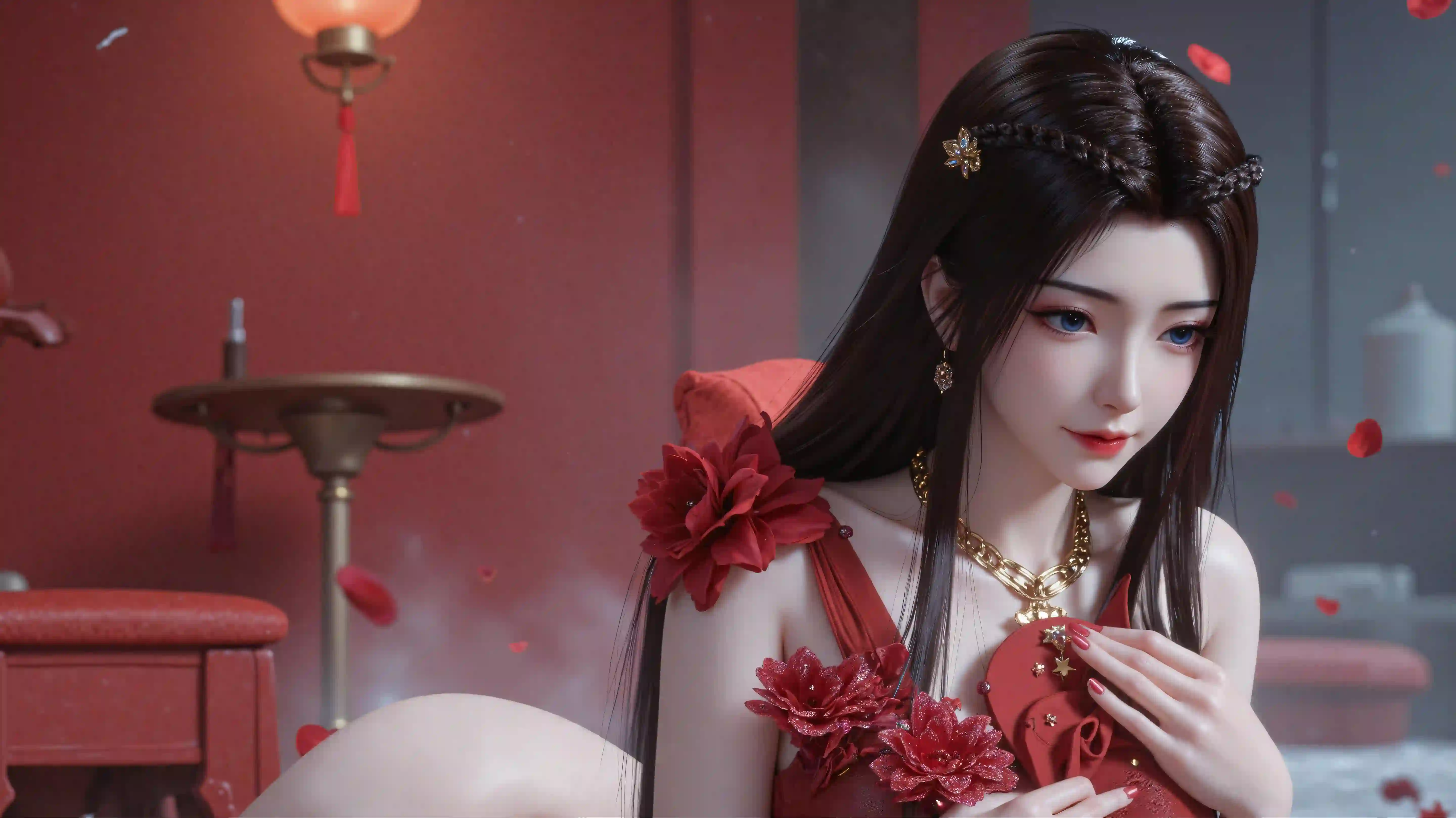元瑶 长发美女 性感美女 AI 红色裙子 喜庆氛围