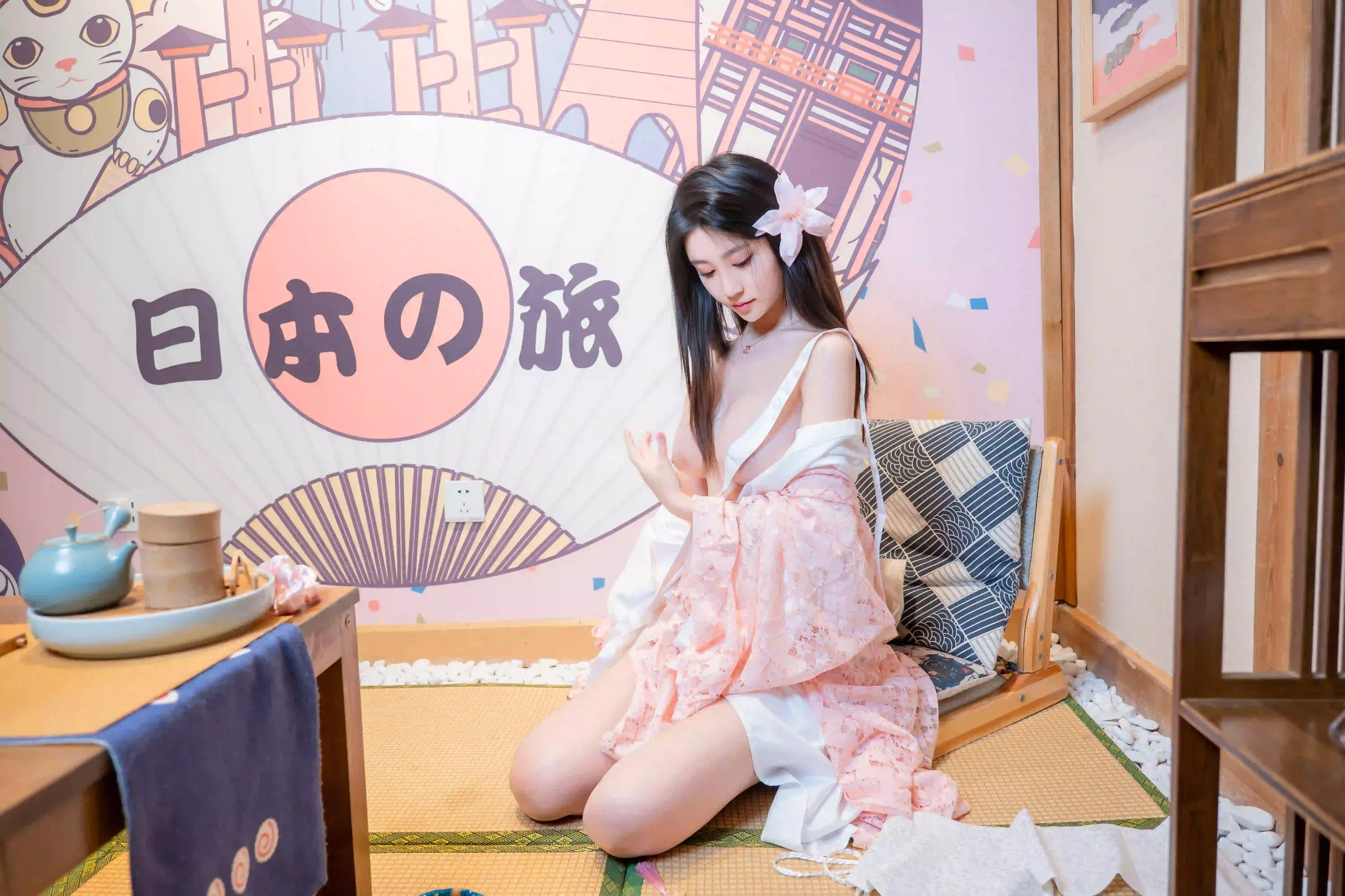 长发性感美女 粉红色和服美女 桃花 长腿美女