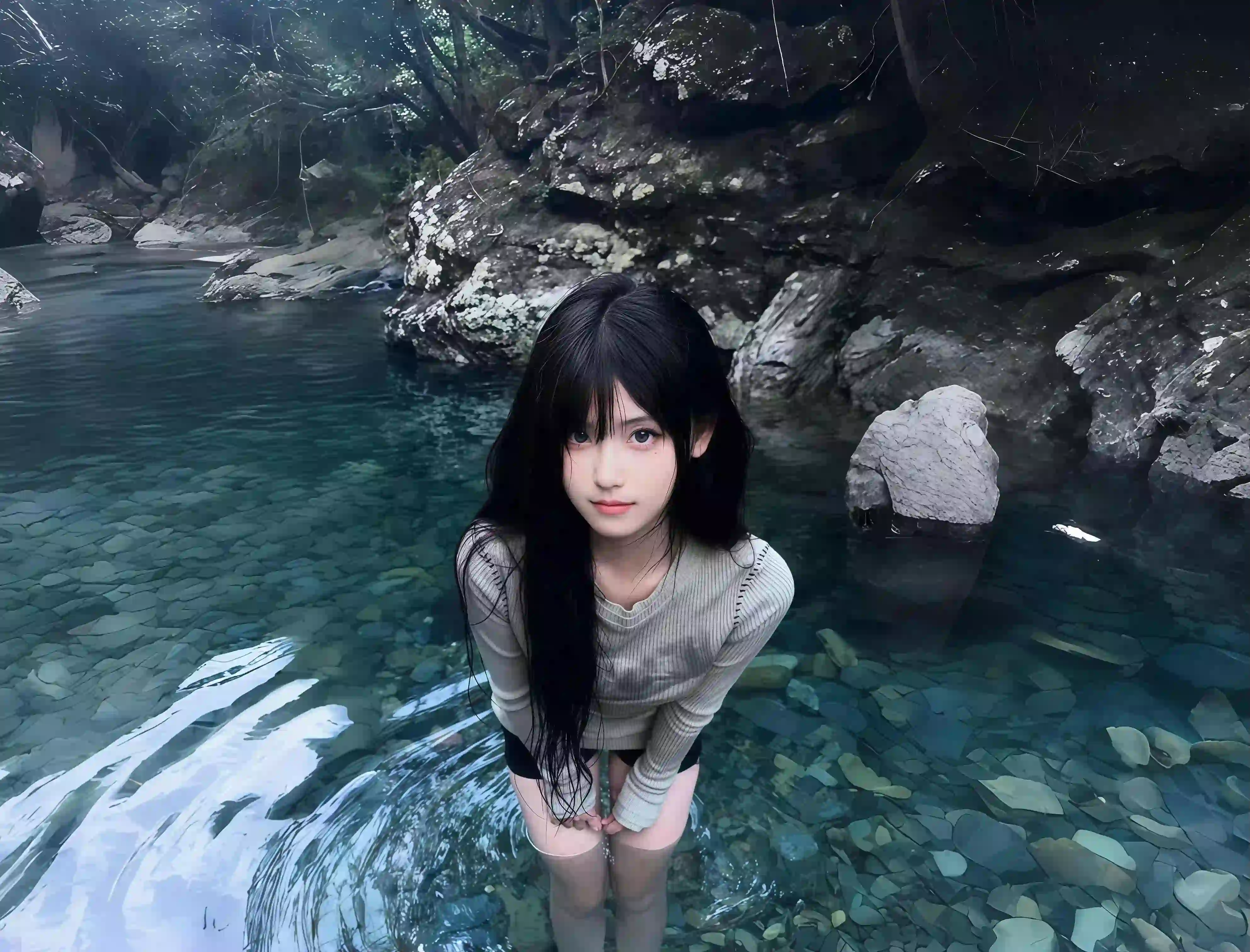 水池中的长发清纯美女