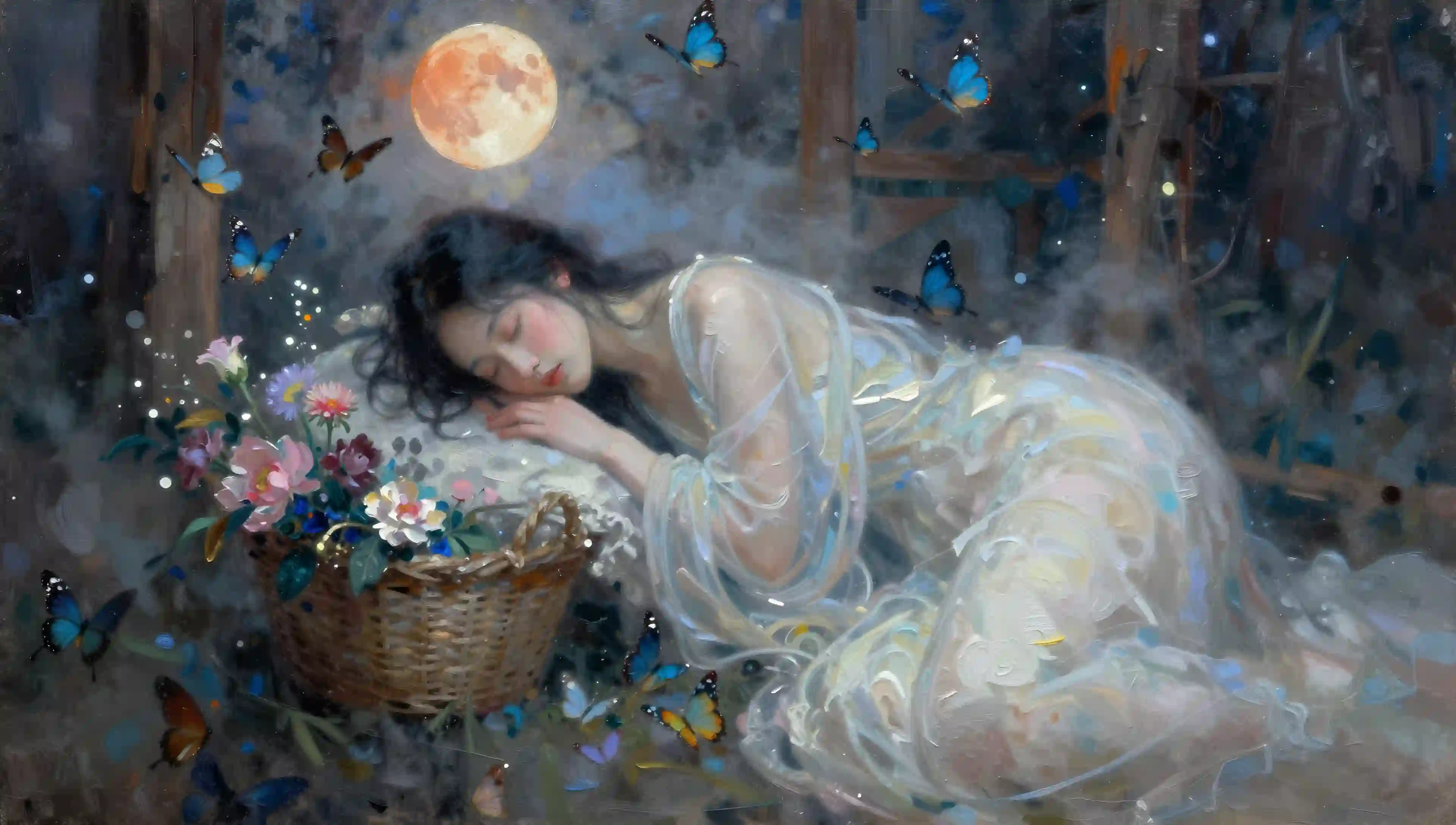 蝴蝶 月光 少女 梦幻 唯美 艺术 画作 壁纸