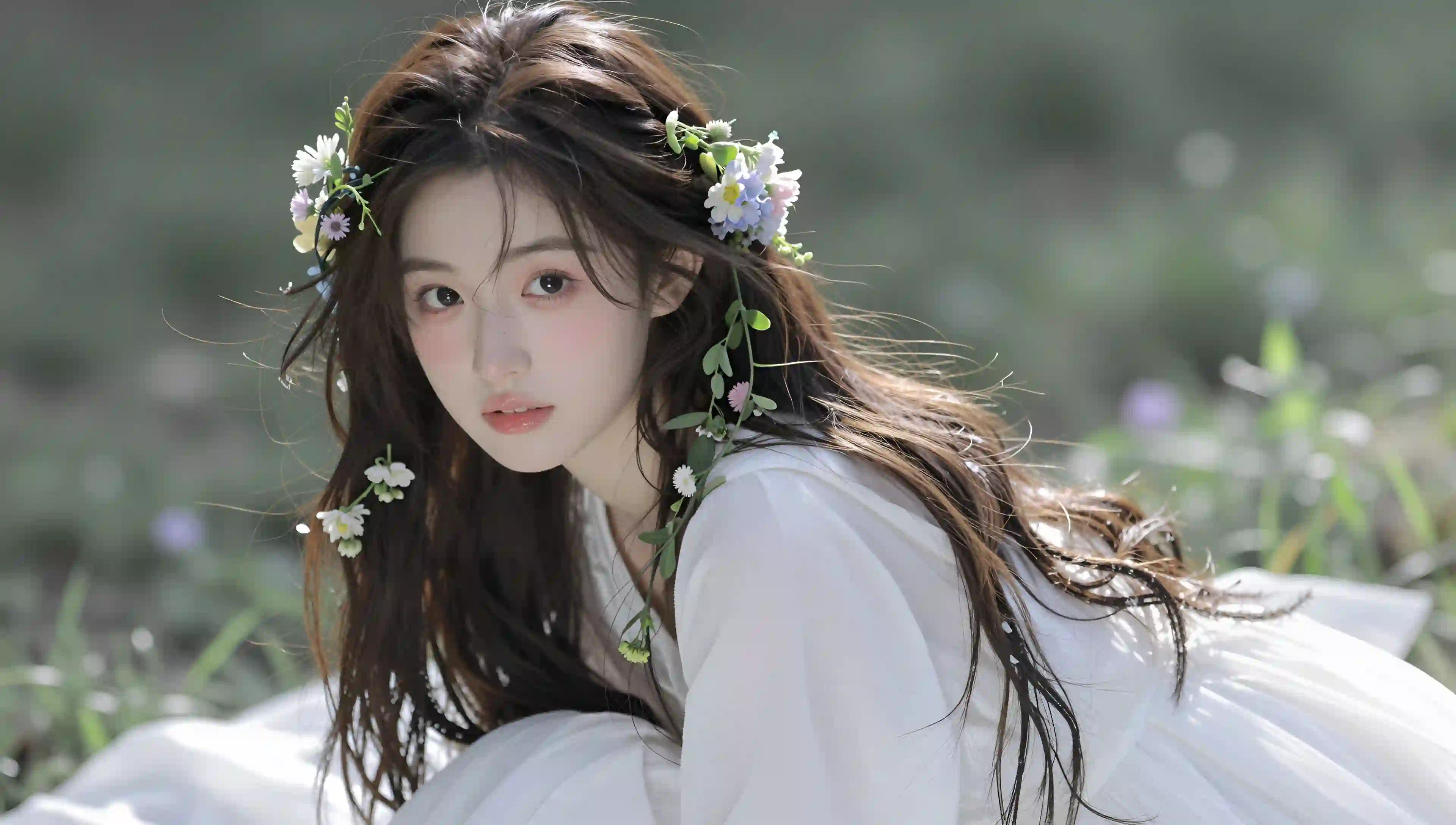 花环 少女 户外 阳光 白色裙子 写真 艺术照