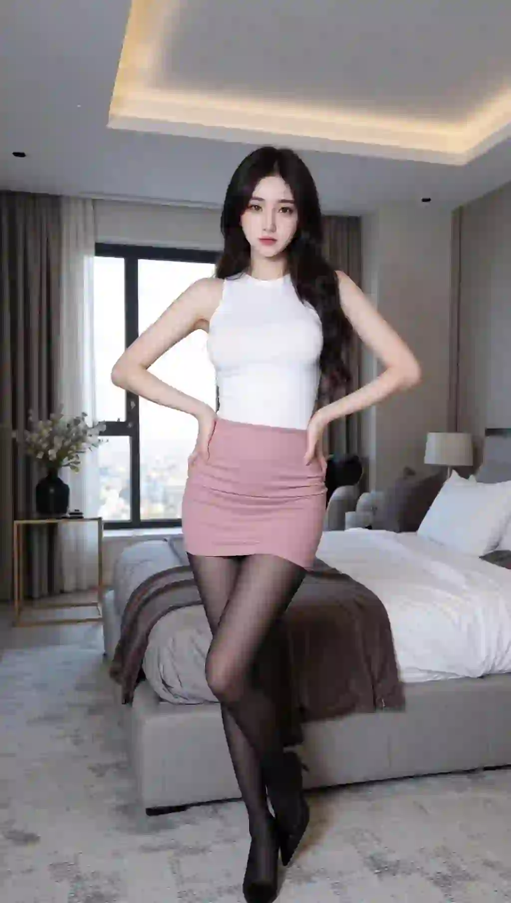 黑丝美女 居家写真 性感美女 粉红色裙子