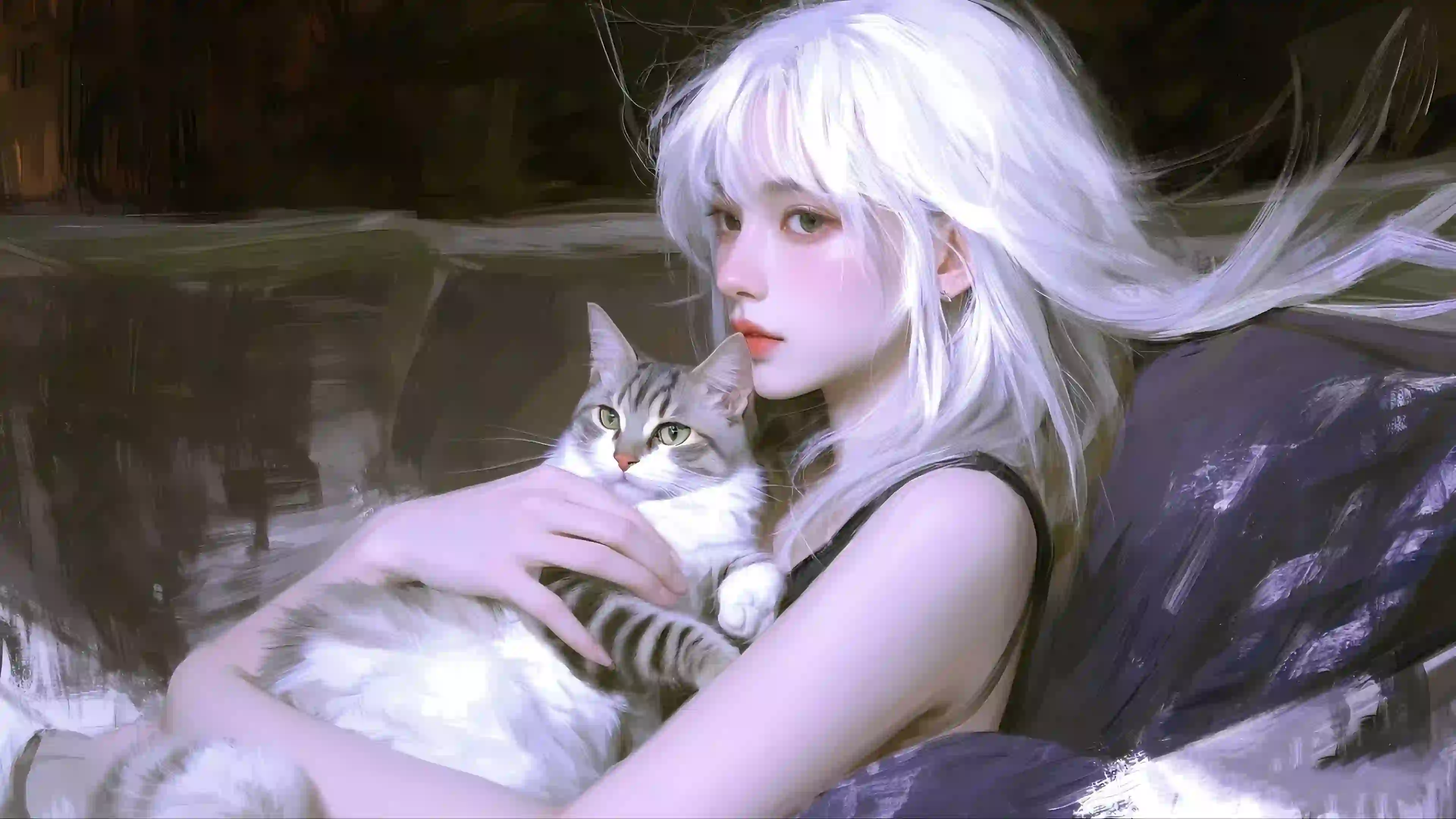 宠物 猫咪 长发女孩 白色长发