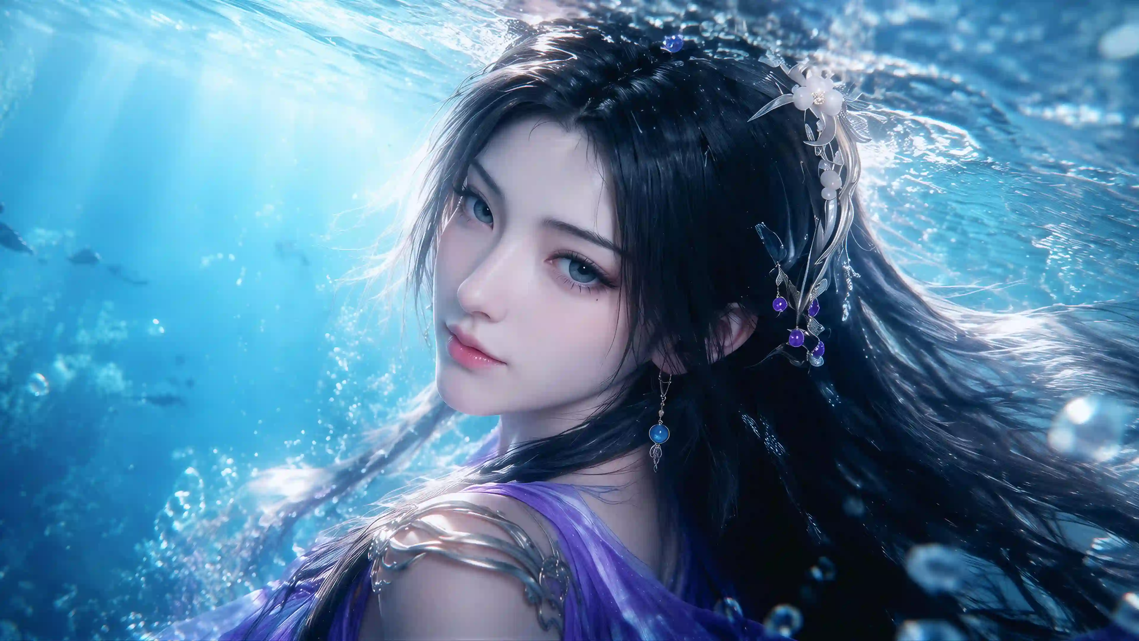 水下 梦幻 少女 黑发 银饰 唯美 治愈 紫灵