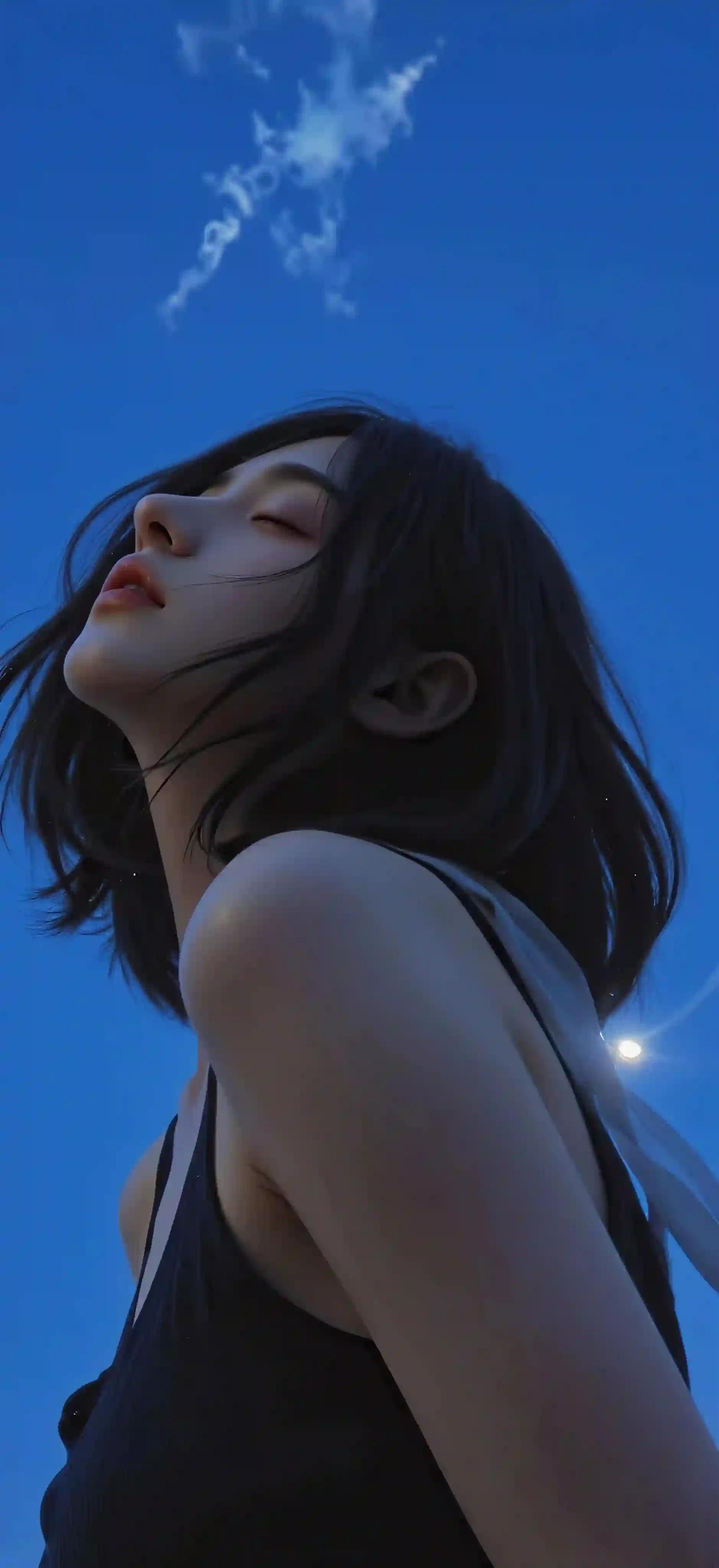 蓝色天空 月光 长发闭眼美女 黑色吊带装 长发美女