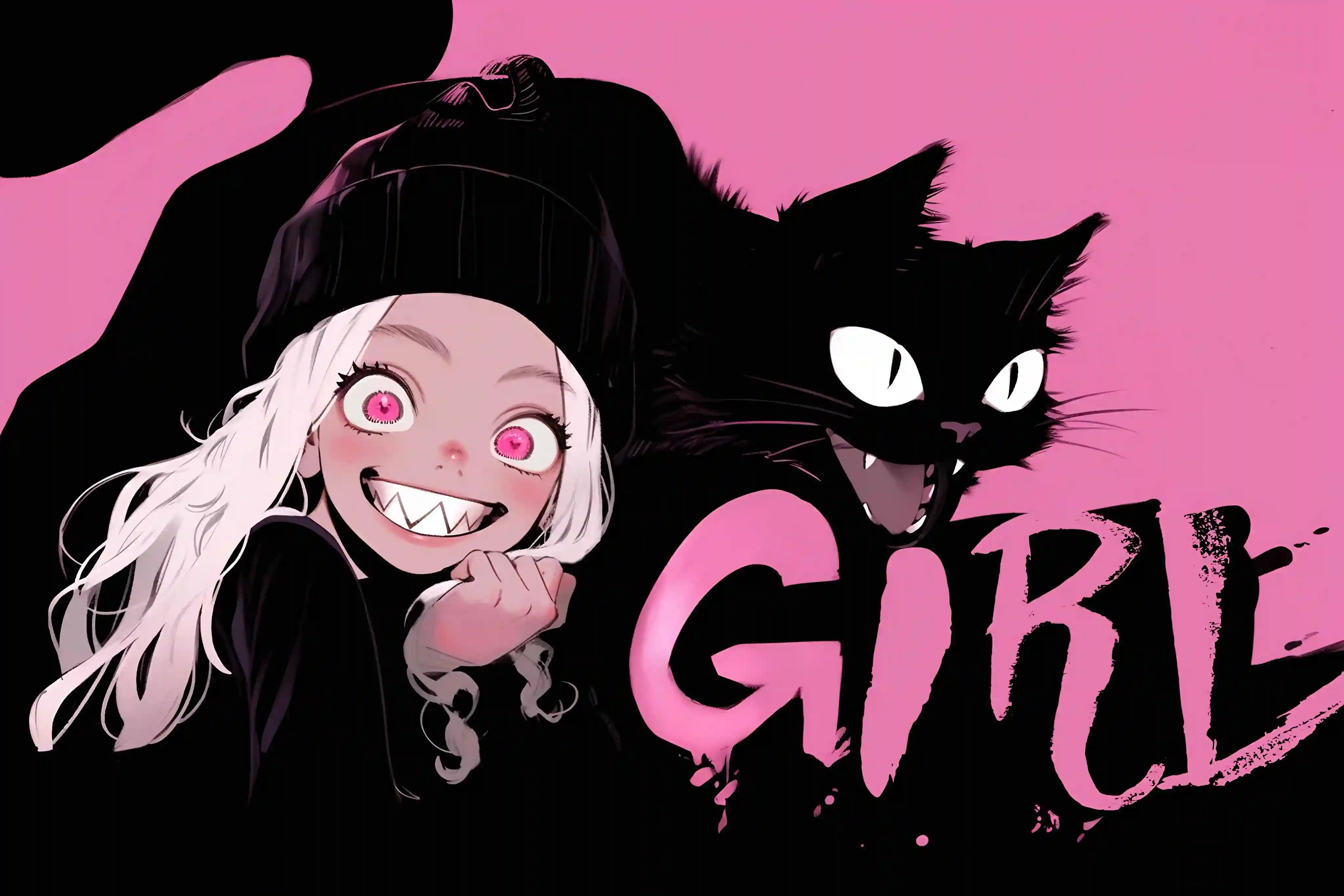 长发动漫小女孩 笑 猫咪元素 粉色背景 银发动漫女孩