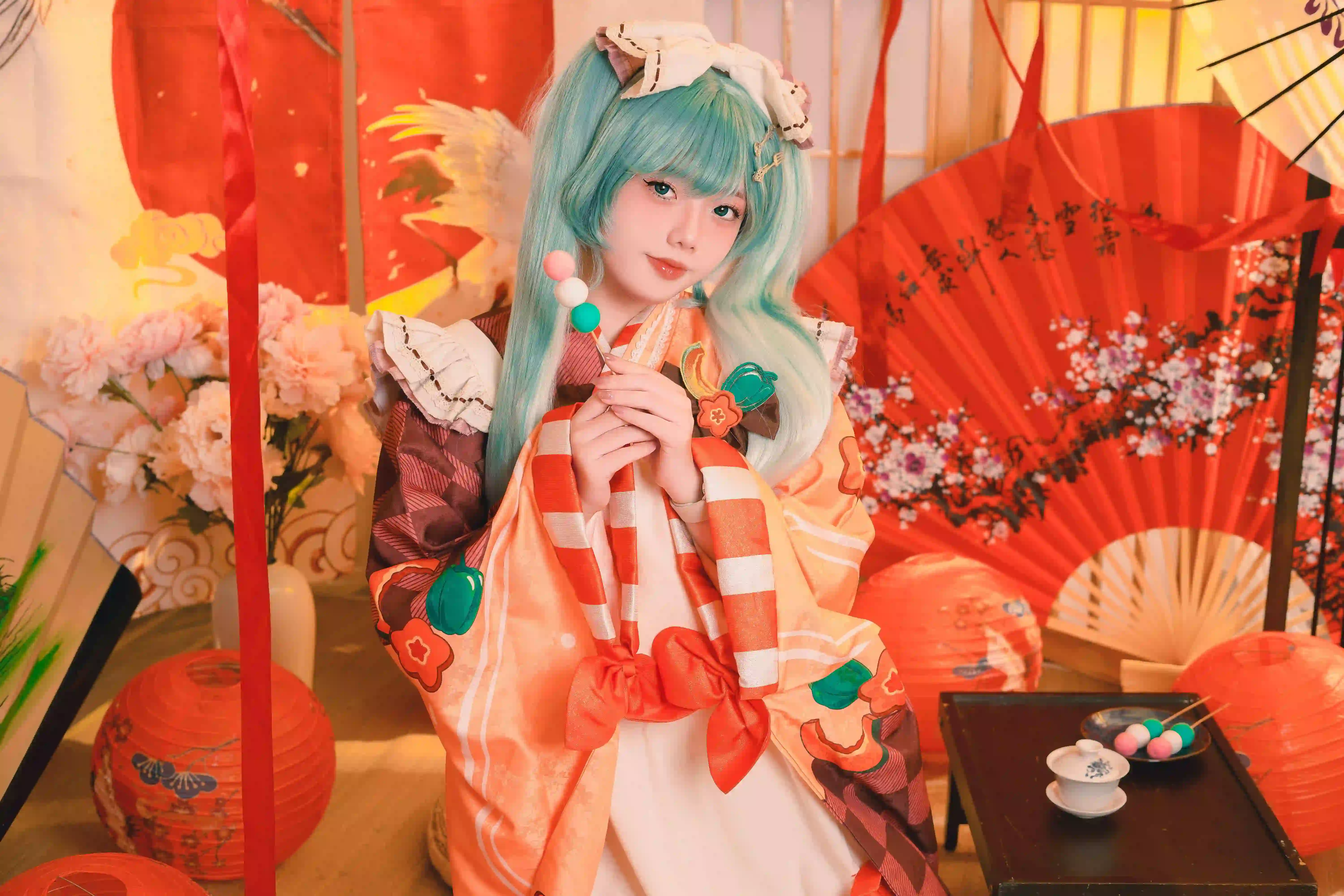 日式风格 绿色头发 cos 扇子