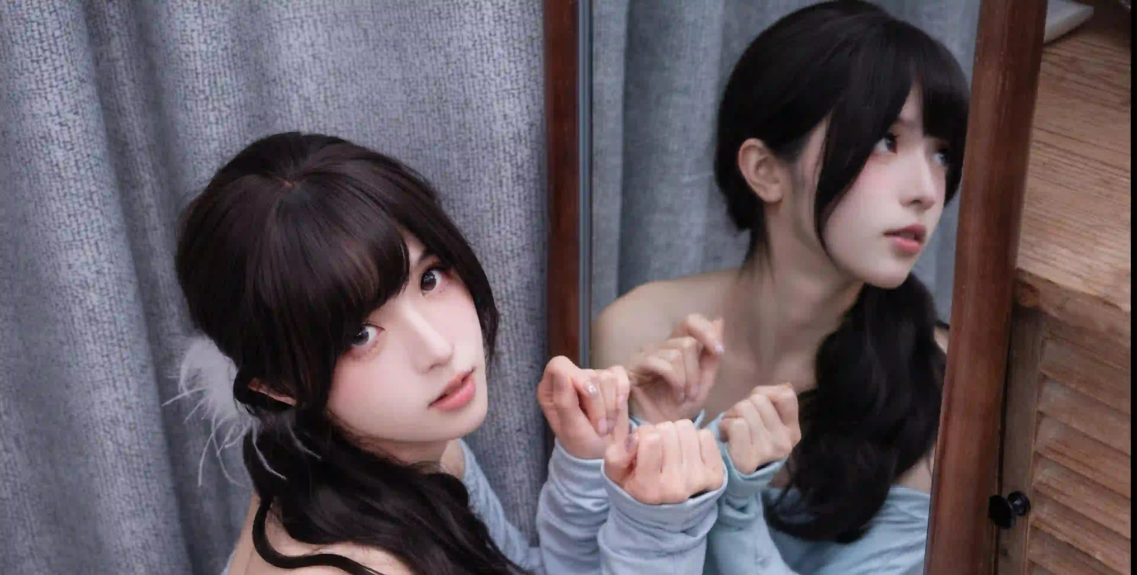 长发清纯美女 漏肩穿搭 居家 小清新