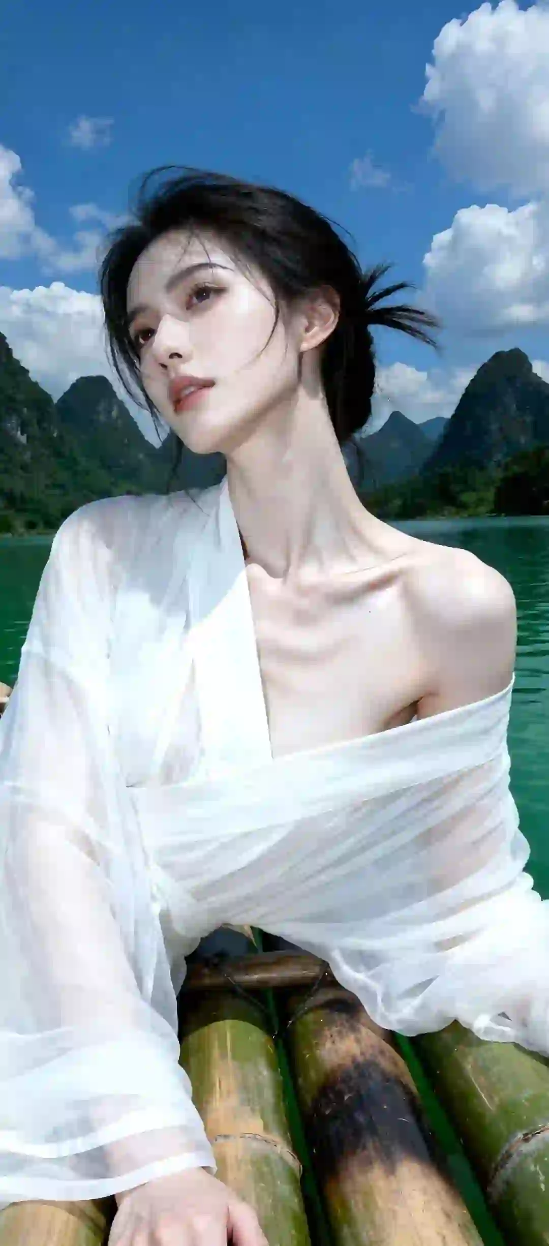 美女 长发美女 竹筏 白色长裙 漏肩 户外 自然