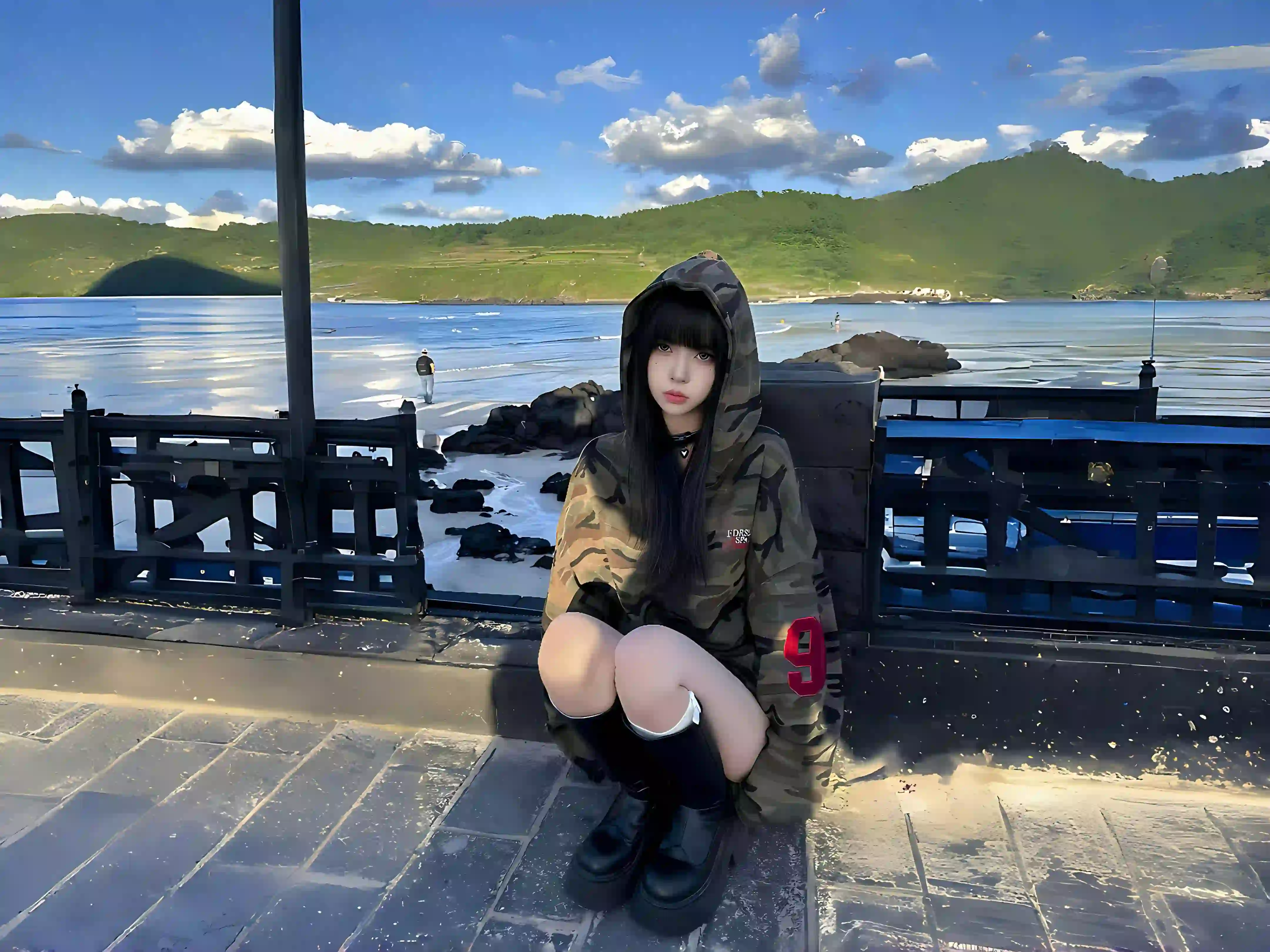 个性穿搭 长发美女 户外写真 长腿美女