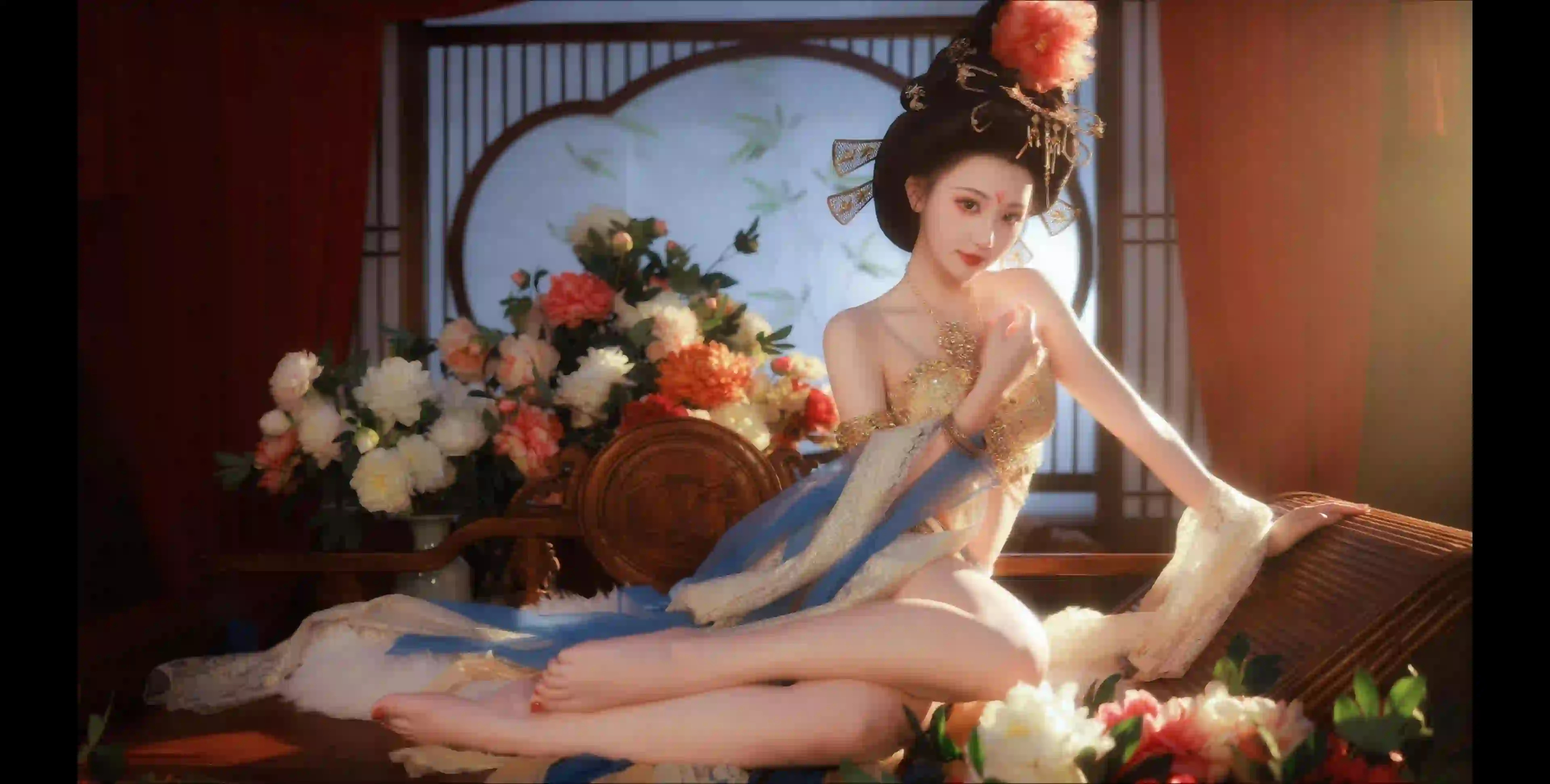 汉服穿搭 长发性感美女 花