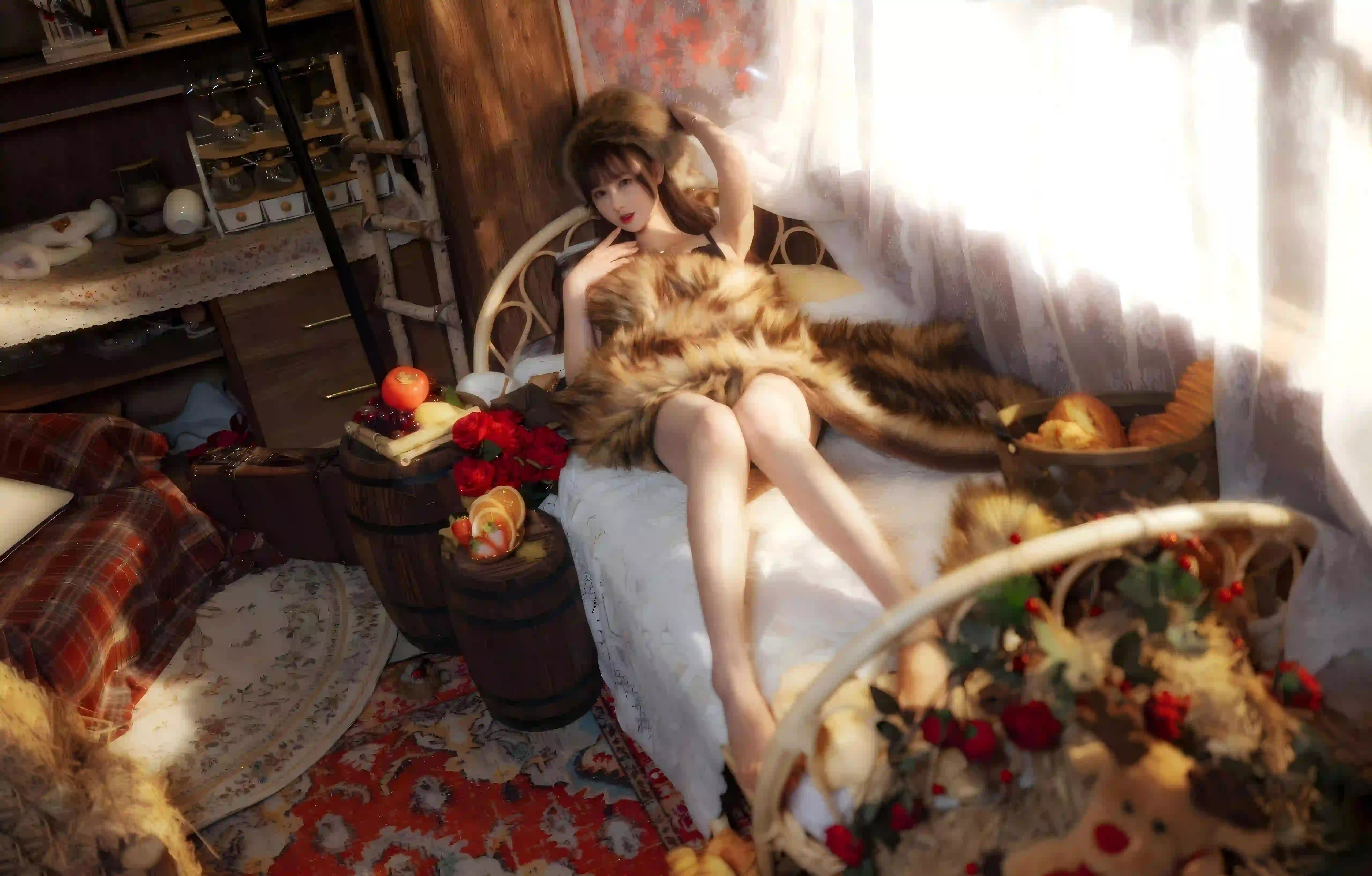 毛茸茸的帽子 吊带 长腿美女 性感
