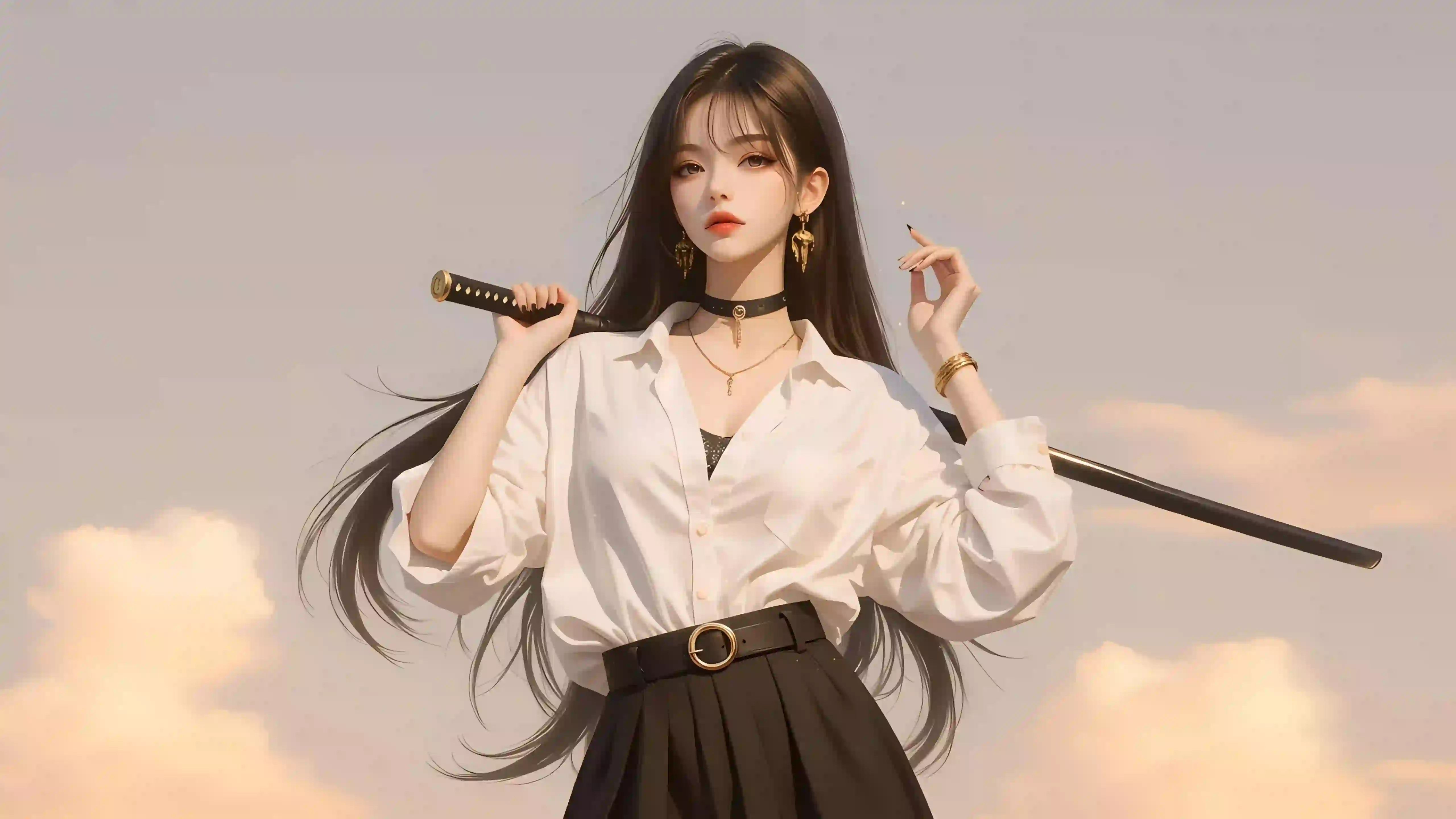 ai 剑士 长发美女 黑裙 白衬衫