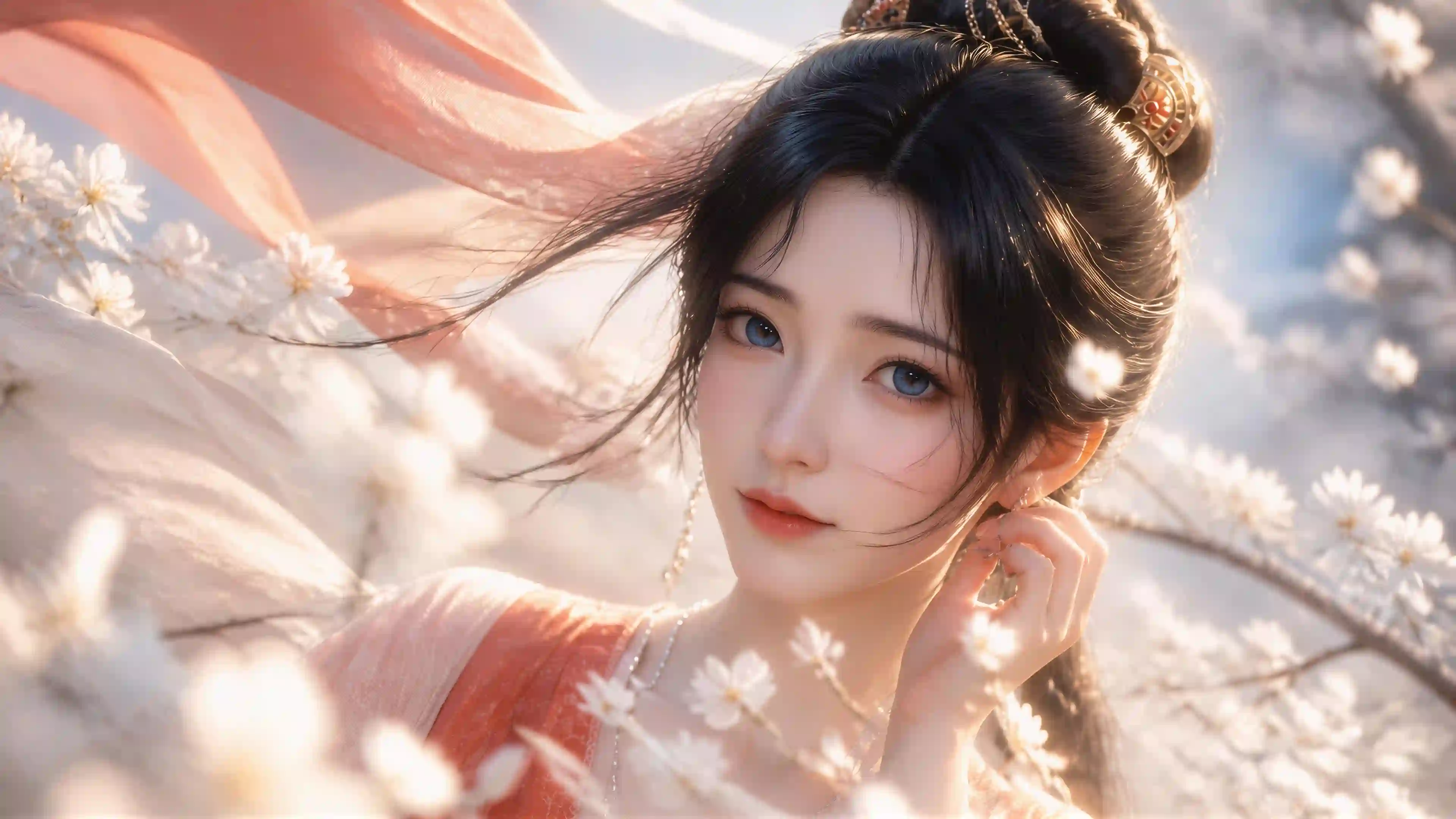 汉服 古风 美女 花 回眸 飘带 唯美 壁纸 慕沛灵  