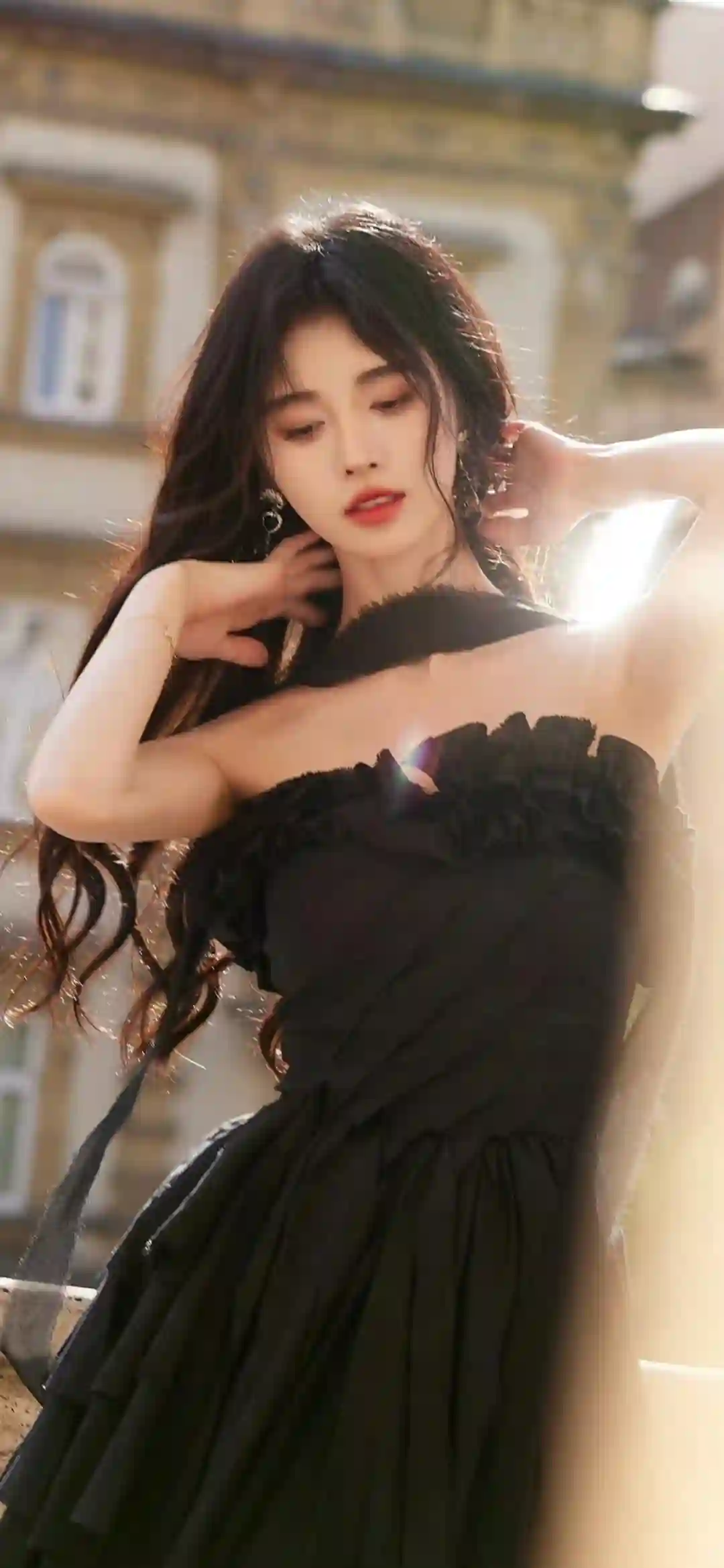 长发黑裙美女 明星 鞠婧祎 可爱 光影 阳光 黑裙