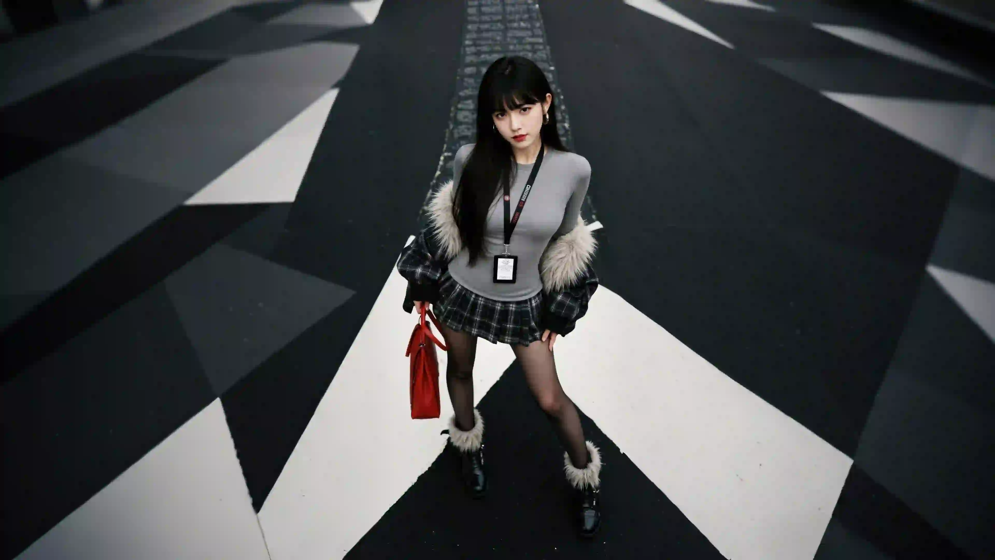 个性 长发美女 黑丝 户外街拍 短裙