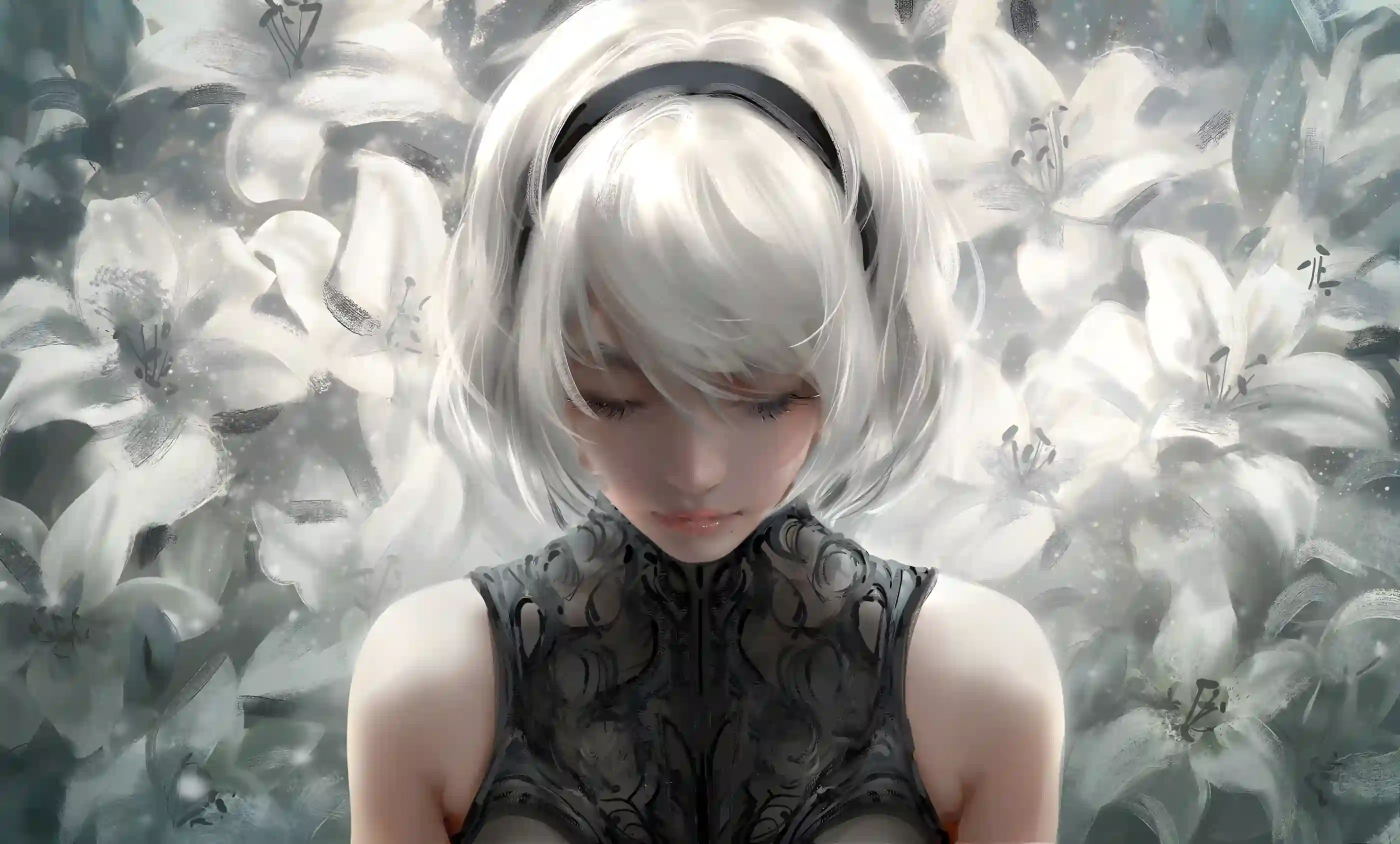 动漫壁纸 银发女孩 花朵 游戏角色 2b 机械尼尔纪元