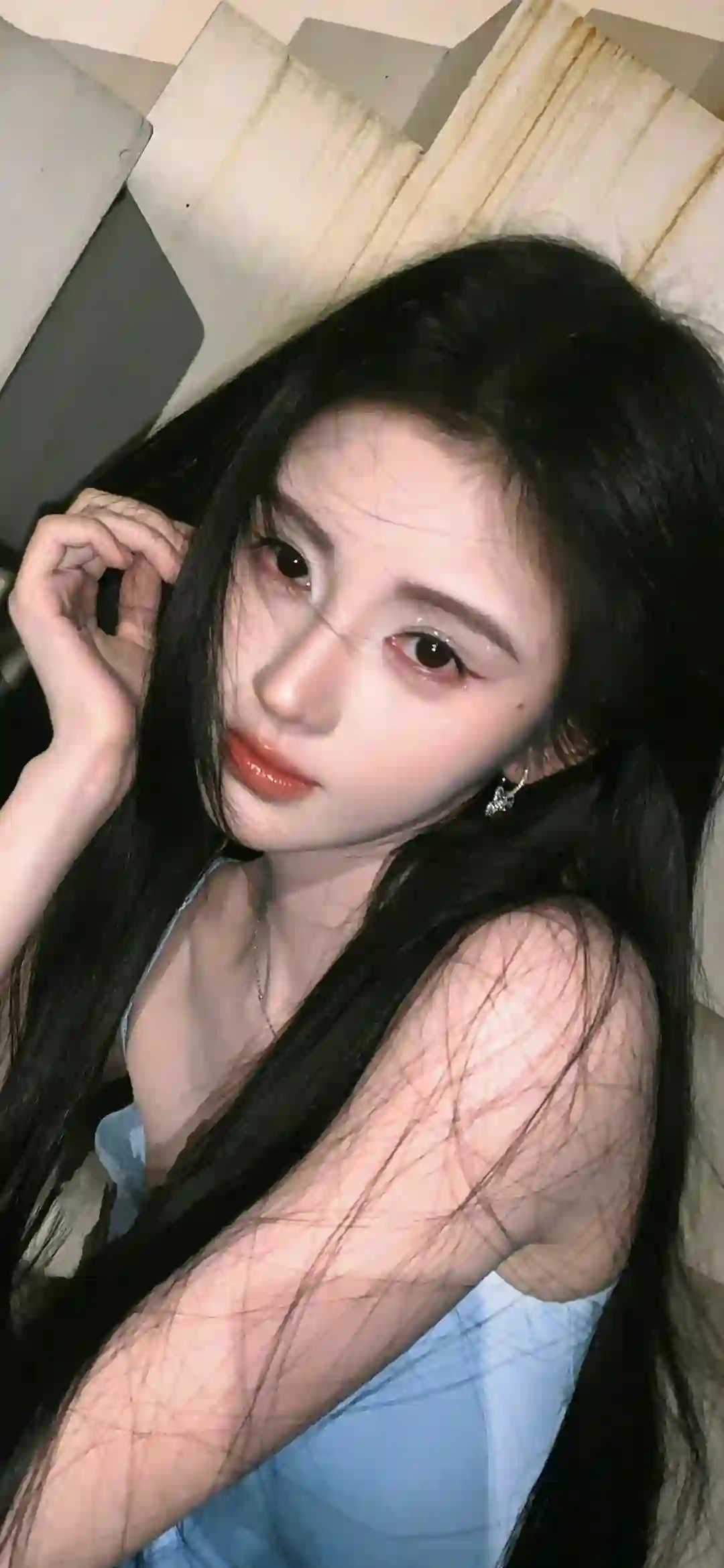 美女明星 鞠婧祎 长发可爱女孩 蓝色长裙 吊带