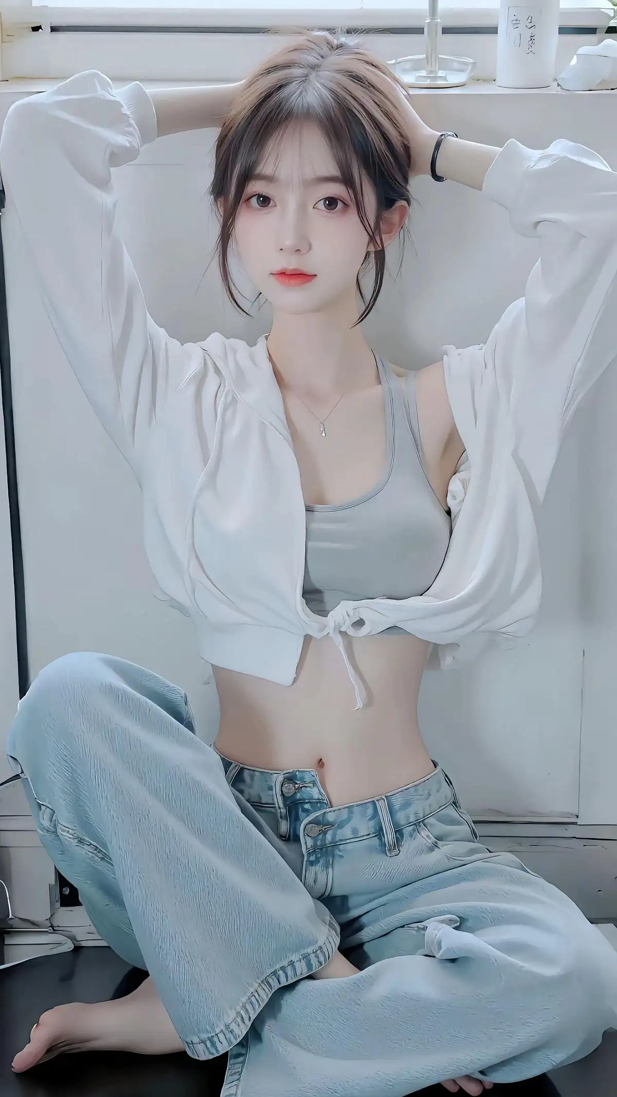 难得的温柔，高颜值美女小姐姐束身内衣加牛仔裤穿搭温柔居家写真