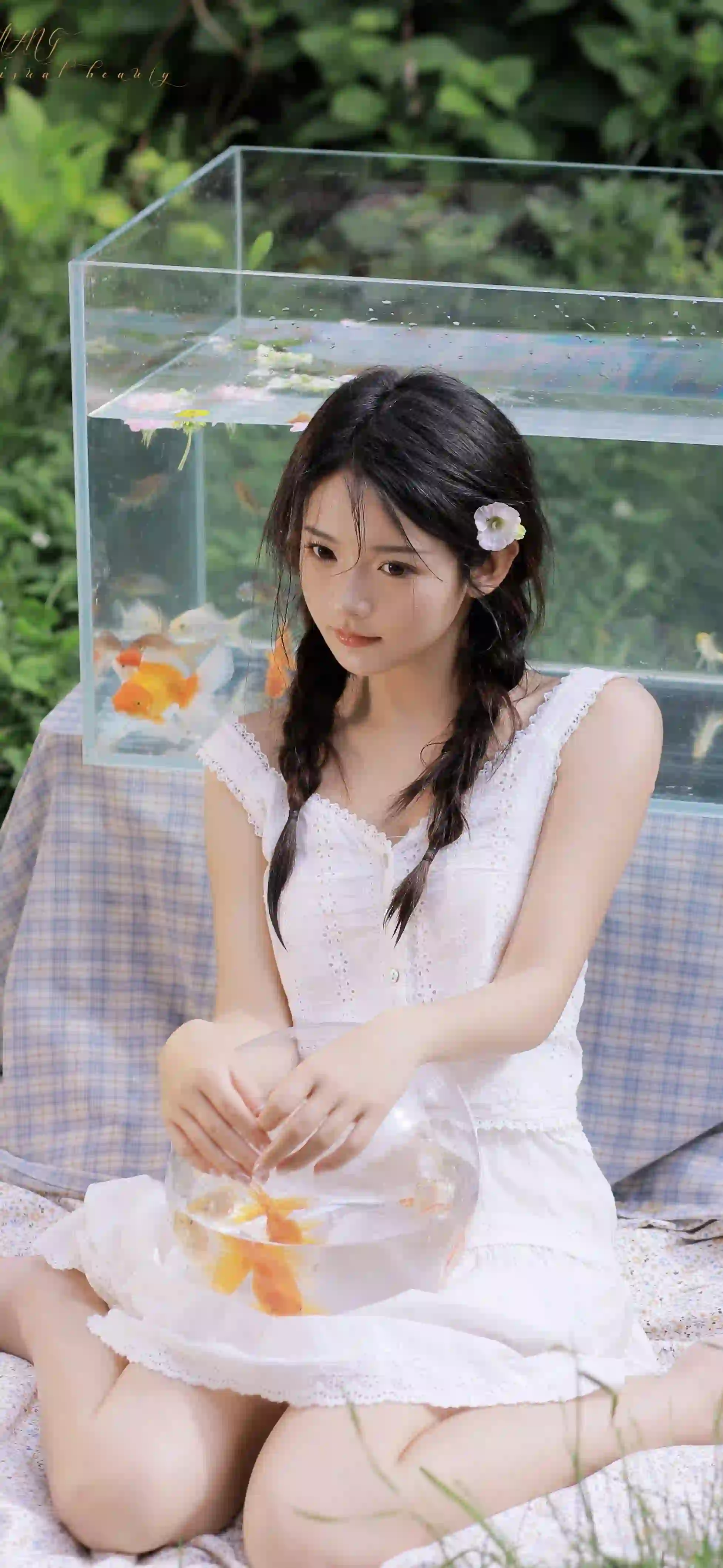 双马尾女孩 金鱼 鱼缸 可爱清纯美女 美腿